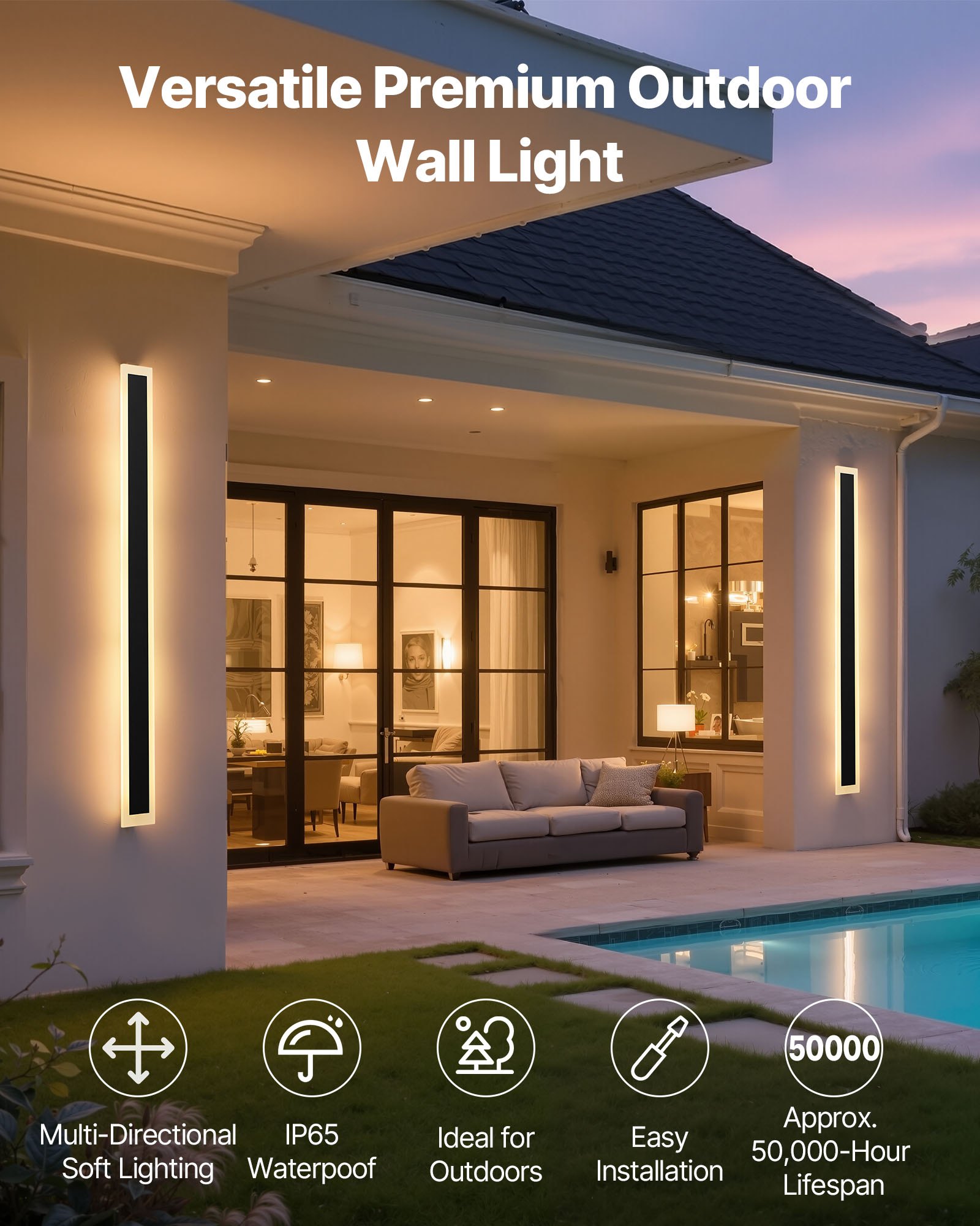 VEVOR Outdoor Wall Lights, 2 Pack, 59.1 Inch Long Strip Modern Exterior Wall Sconce Light Fixtures, 2700K-6000K, IP65 Waterproof Anti-Rust, Dimmable Outside Wall Mount Lighting, for House Porch Garage