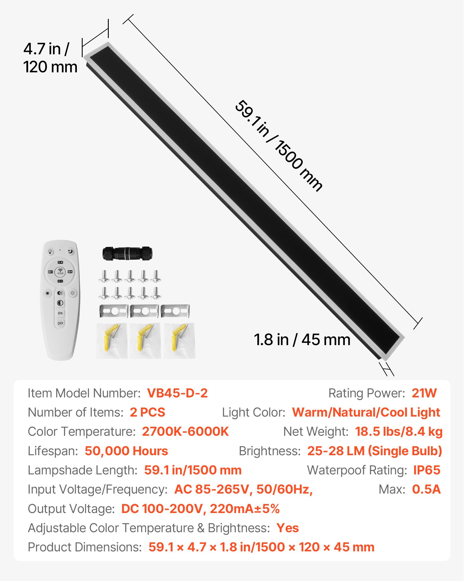 VEVOR Outdoor Wall Lights, 2 Pack, 1500 mm Long Strip Modern Exterior Wall Sconce Light Fixtures, 2700K-6000K, IP65 Waterproof Anti-Rust, Dimmable Outside Wall Mount Lighting, for House Porch Garage