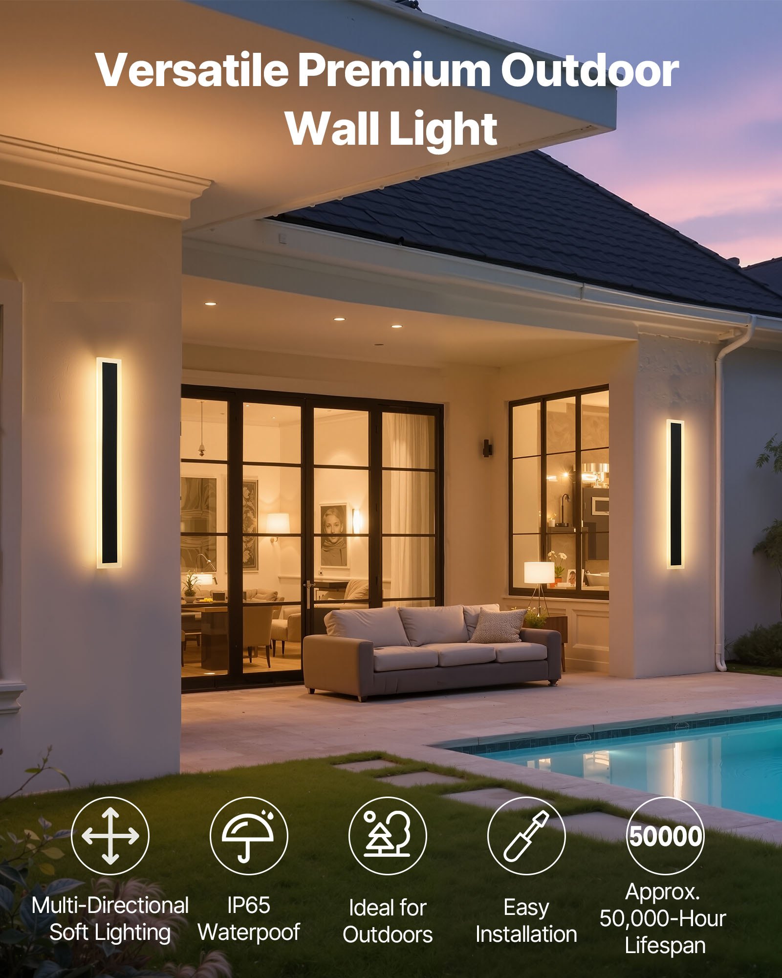 VEVOR Outdoor Wall Lights, 2 Pack, 23.6 Inch Long Strip Modern Exterior Wall Sconce Light Fixtures, 2700K-6000K, IP65 Waterproof Anti-Rust, Dimmable Outside Wall Mount Lighting, for House Porch Garage