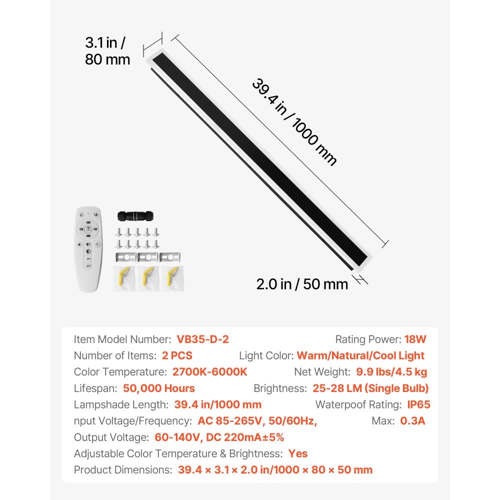 VEVOR Outdoor Wall Lights, 2 Pack, 39.4 Inch Long Strip Modern Exterior Wall Sconce Light Fixtures, 2700K-6000K, IP65 Waterproof Anti-Rust, Dimmable Outside Wall Mount Lighting, for House Porch Garage