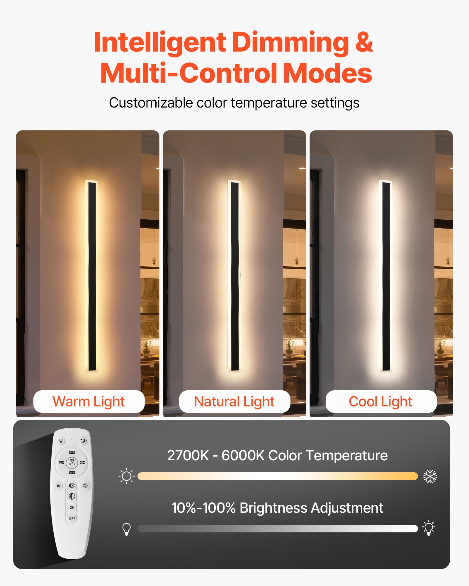 VEVOR Outdoor Wall Lights, 2 Pack, 39.4 Inch Long Strip Modern Exterior Wall Sconce Light Fixtures, 2700K-6000K, IP65 Waterproof Anti-Rust, Dimmable Outside Wall Mount Lighting, for House Porch Garage