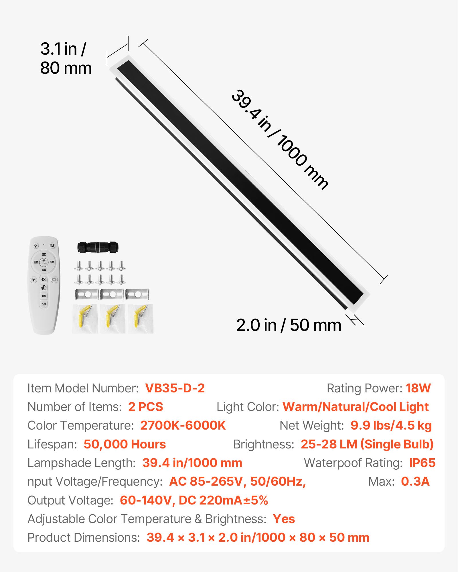 VEVOR Outdoor Wall Lights, 2 Pack, 39.4 Inch Long Strip Modern Exterior Wall Sconce Light Fixtures, 2700K-6000K, IP65 Waterproof Anti-Rust, Dimmable Outside Wall Mount Lighting, for House Porch Garage