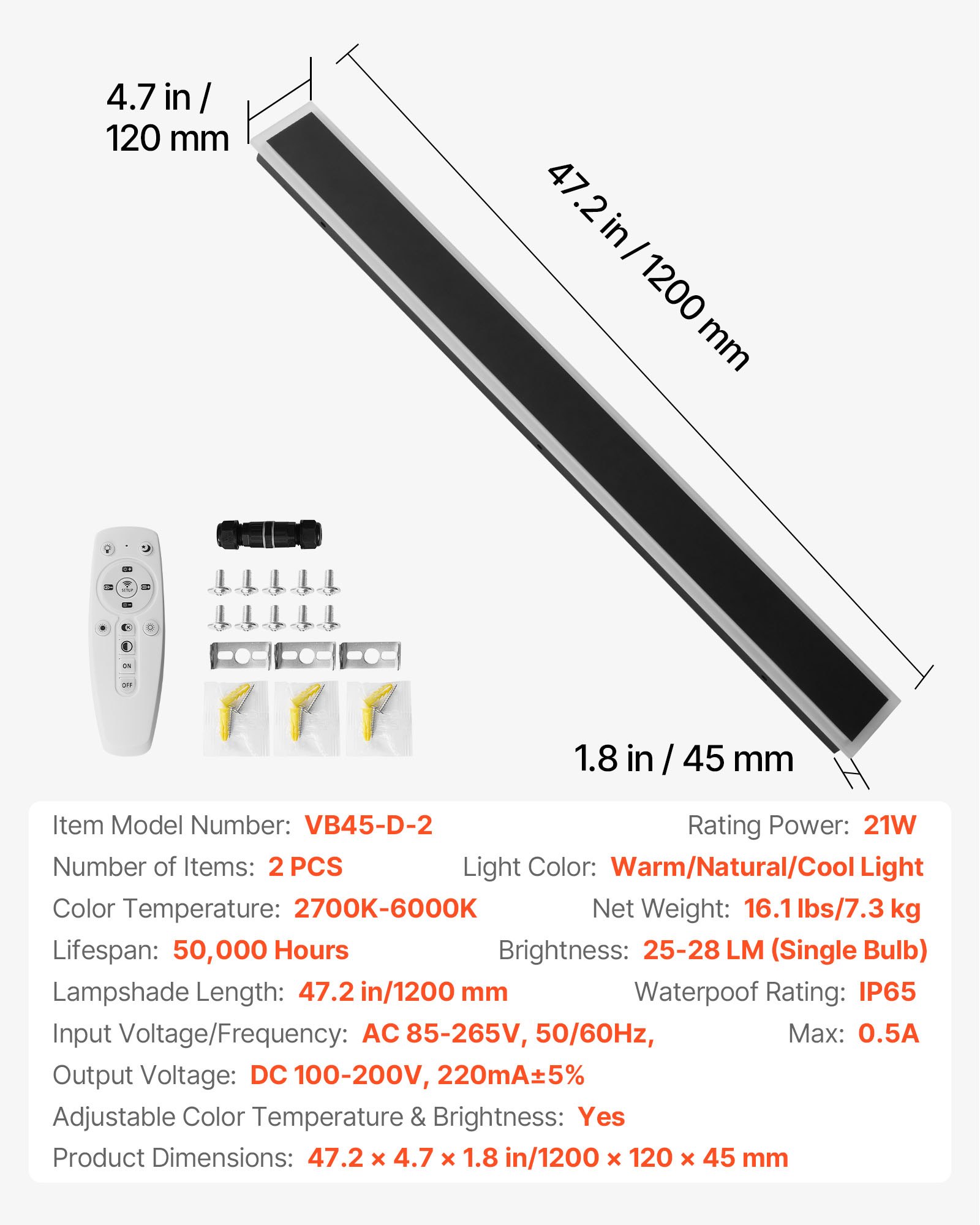 VEVOR Outdoor Wall Lights, 2 Pack, 47.2 Inch Long Strip Modern Exterior Wall Sconce Light Fixtures, 2700K-6000K, IP65 Waterproof Anti-Rust, Dimmable Outside Wall Mount Lighting, for House Porch Garage