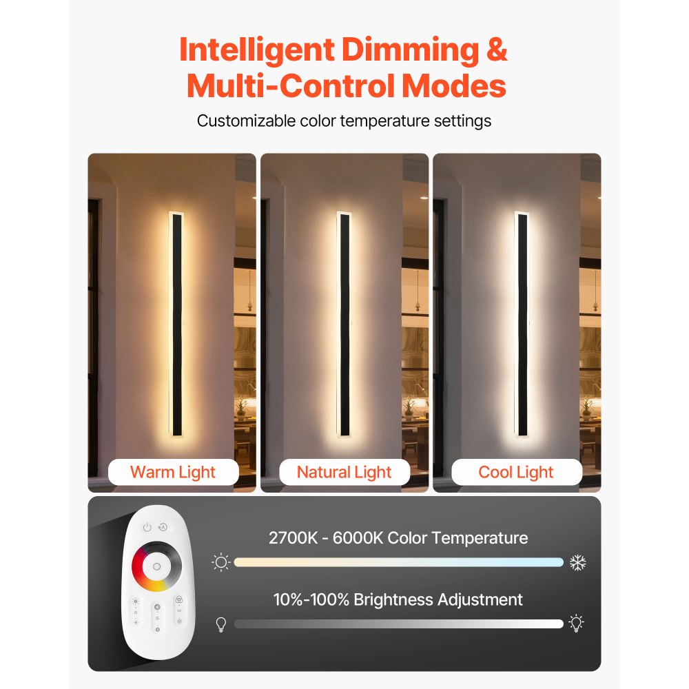 VEVOR Outdoor Wall Lights, 2 Pack, 1000 mm Long RGB Modern Exterior Wall Sconce Light Fixtures, 2700K-6000K, IP65 Waterproof Anti-Rust, Dimmable Outside Wall Mount Lighting, for House Porch Garage