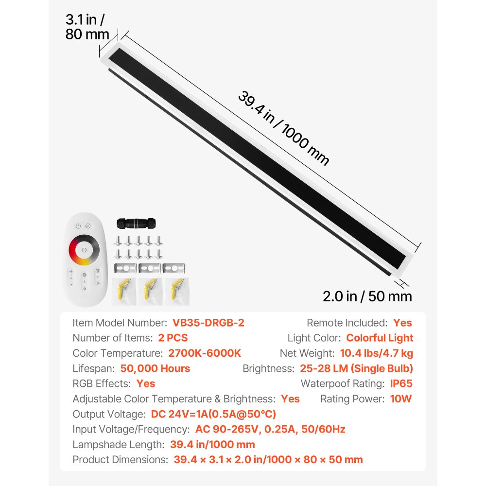 VEVOR Outdoor Wall Lights, 2 Pack, 1000 mm Long RGB Modern Exterior Wall Sconce Light Fixtures, 2700K-6000K, IP65 Waterproof Anti-Rust, Dimmable Outside Wall Mount Lighting, for House Porch Garage