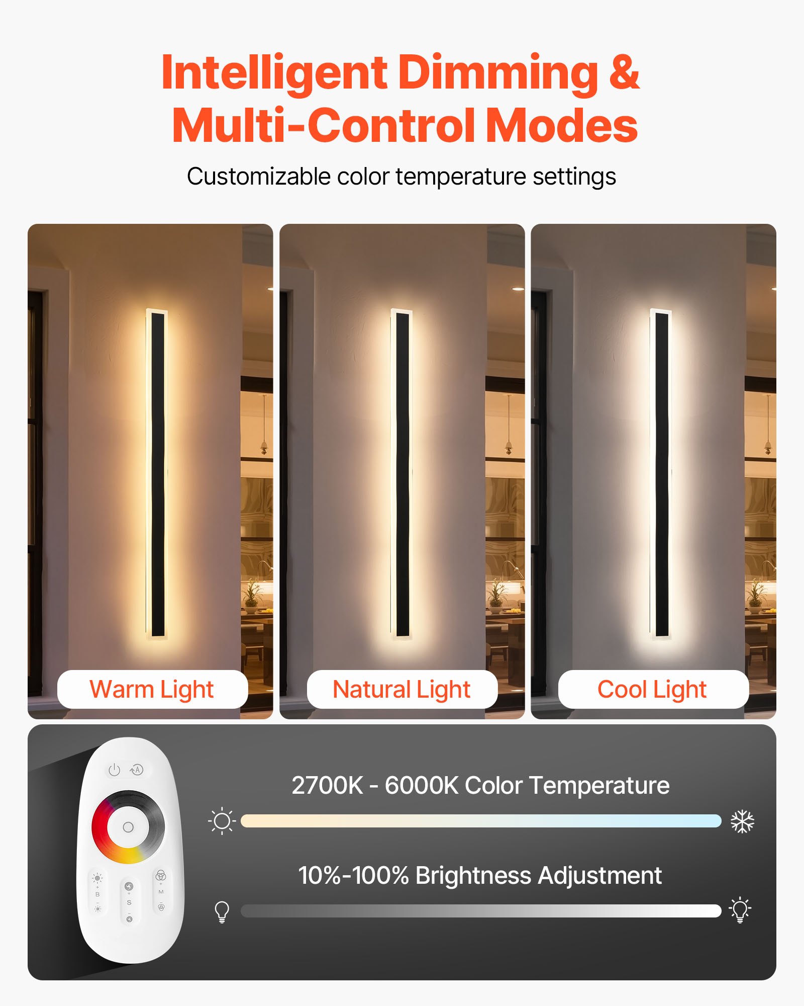 VEVOR Outdoor Wall Lights, 2 Pack, 1000 mm Long RGB Modern Exterior Wall Sconce Light Fixtures, 2700K-6000K, IP65 Waterproof Anti-Rust, Dimmable Outside Wall Mount Lighting, for House Porch Garage