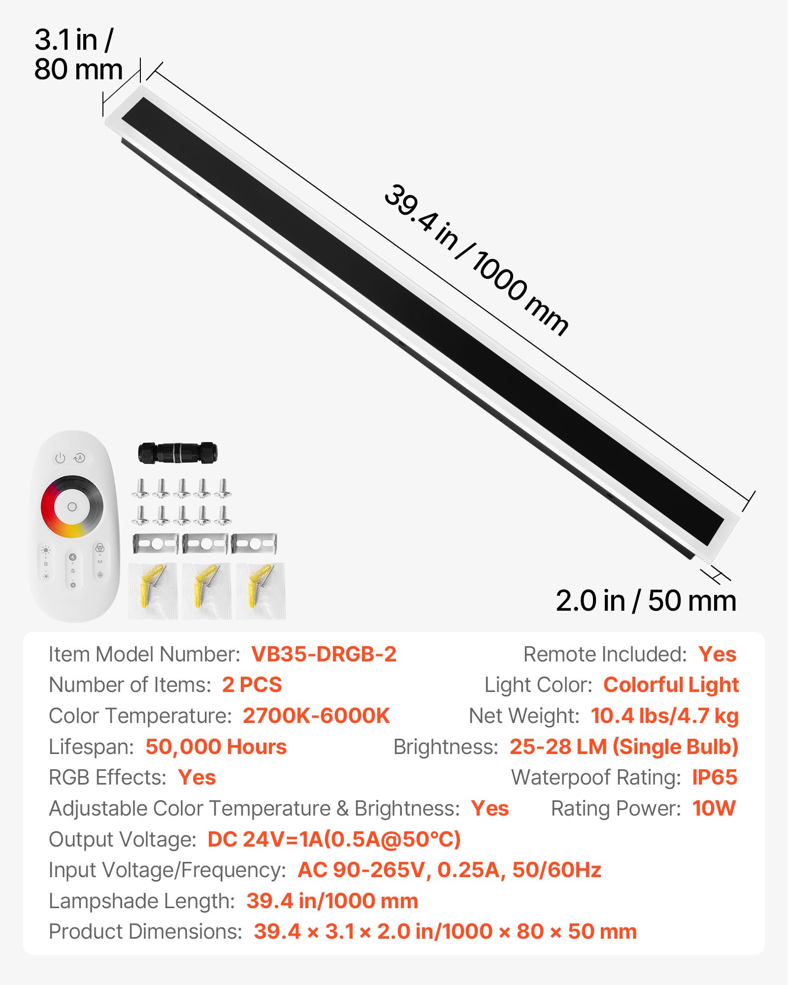 VEVOR Outdoor Wall Lights, 2 Pack, 1000 mm Long RGB Modern Exterior Wall Sconce Light Fixtures, 2700K-6000K, IP65 Waterproof Anti-Rust, Dimmable Outside Wall Mount Lighting, for House Porch Garage