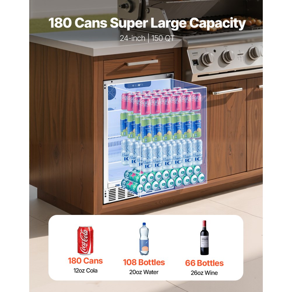 VEVOR 24-Inch Indoor/Outdoor Beverage Refrigerator, 150 QT Freestanding or Undercounter Beverage Fridge, 180 Cans Built-in Beer Fridge with Stainless Steel Body for Residential Home Bar Commercial Use