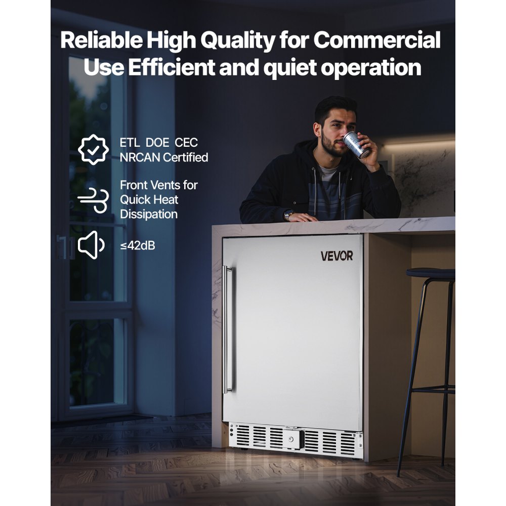 VEVOR 24-Inch Indoor/Outdoor Beverage Refrigerator, 150 QT Freestanding or Undercounter Beverage Fridge, 180 Cans Built-in Beer Fridge with Stainless Steel Body for Residential Home Bar Commercial Use