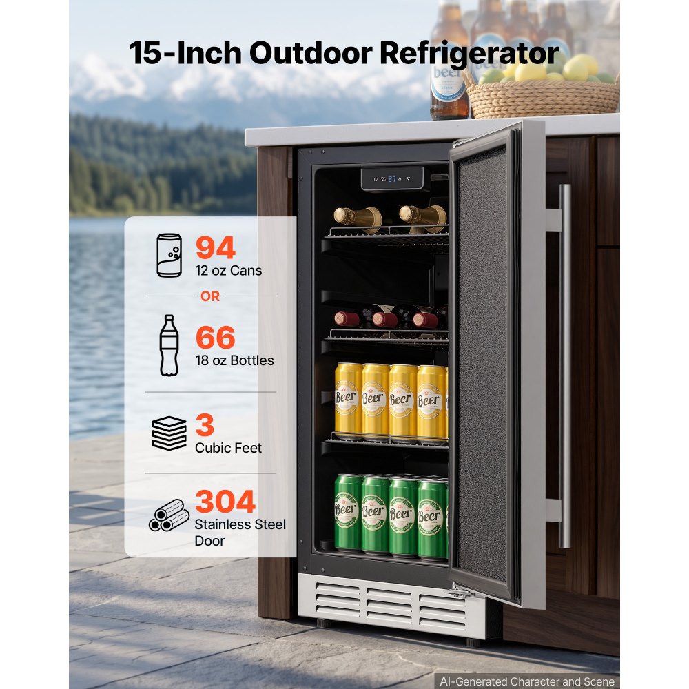 VEVOR Outdoor Beverage Refrigerator, 15 Inch Undercounter Drink Fridge, 304 Stainless Steel Door, 3.0 Cu. Ft, Hold 94 Cans, Powerful Cooling System, Built-in / Freestand Cooler, Home Bar & Patio