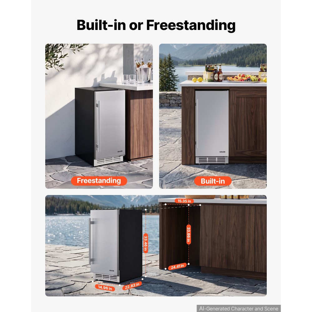 VEVOR Outdoor Beverage Refrigerator, 15 Inch Undercounter Drink Fridge, 304 Stainless Steel Door, 3.0 Cu. Ft, Hold 94 Cans, Powerful Cooling System, Built-in / Freestand Cooler, Home Bar & Patio