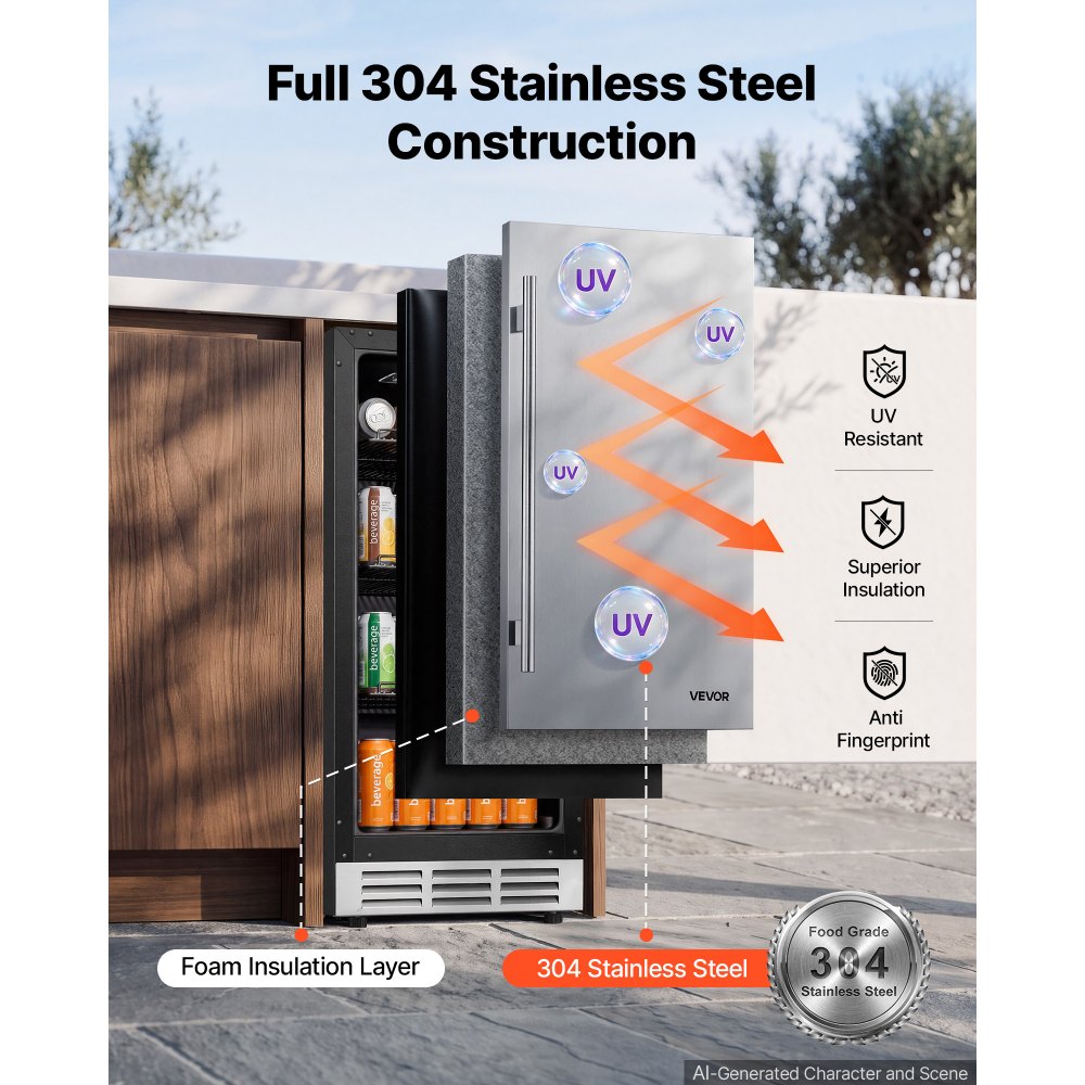 VEVOR Outdoor Beverage Refrigerator, 15 Inch Undercounter Drink Fridge, 304 Stainless Steel Door, 3.0 Cu. Ft, Hold 94 Cans, Powerful Cooling System, Built-in / Freestand Cooler, Home Bar & Patio