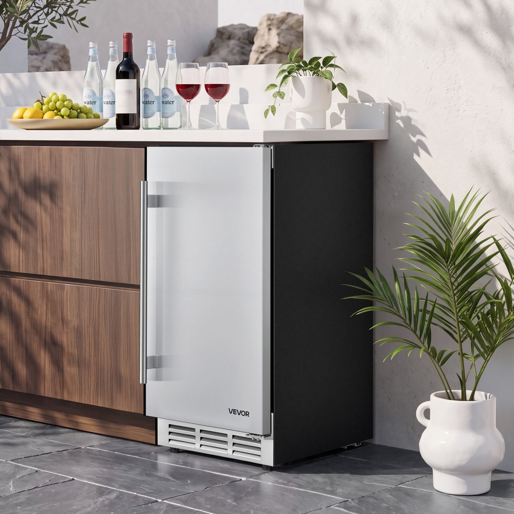 VEVOR Outdoor Beverage Refrigerator, 15 Inch Undercounter Drink Fridge, 304 Stainless Steel Door, 3.0 Cu. Ft, Hold 94 Cans, Powerful Cooling System, Built-in / Freestand Cooler, Home Bar & Patio
