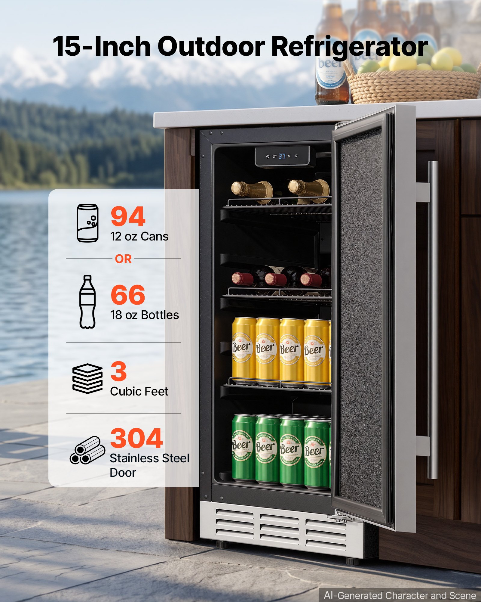 VEVOR Outdoor Beverage Refrigerator, 15 Inch Undercounter Drink Fridge, 304 Stainless Steel Door, 3.0 Cu. Ft, Hold 94 Cans, Powerful Cooling System, Built-in / Freestand Cooler, Home Bar & Patio