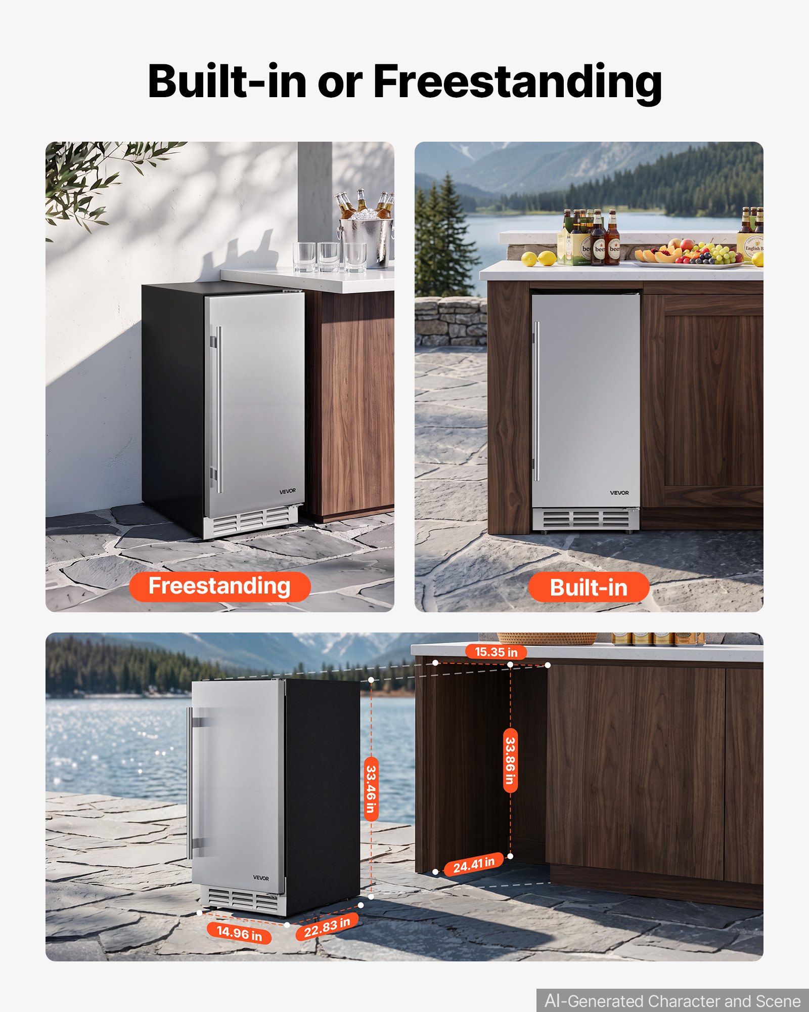 VEVOR Outdoor Beverage Refrigerator, 15 Inch Undercounter Drink Fridge, 304 Stainless Steel Door, 3.0 Cu. Ft, Hold 94 Cans, Powerful Cooling System, Built-in / Freestand Cooler, Home Bar & Patio