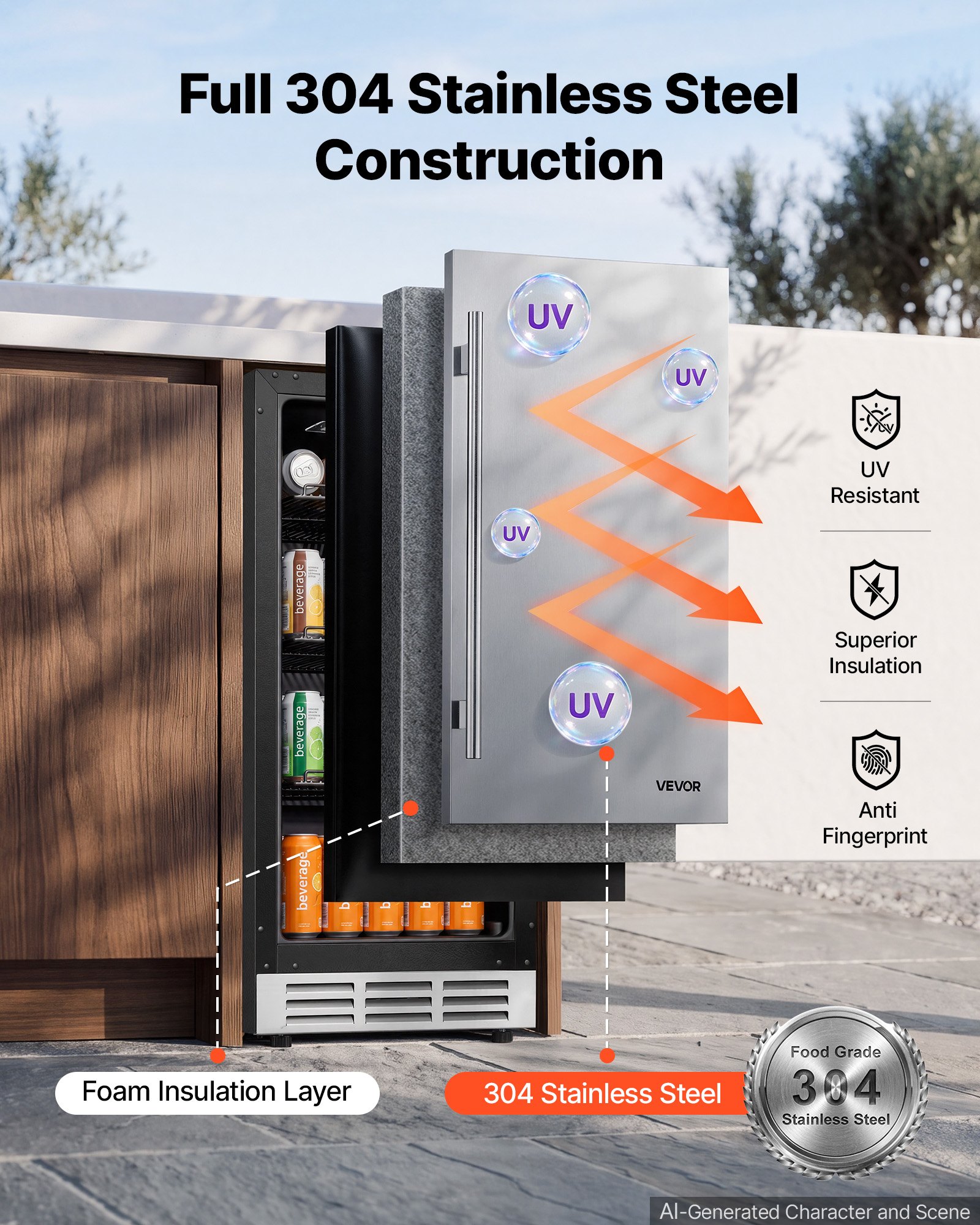 VEVOR Outdoor Beverage Refrigerator, 15 Inch Undercounter Drink Fridge, 304 Stainless Steel Door, 3.0 Cu. Ft, Hold 94 Cans, Powerful Cooling System, Built-in / Freestand Cooler, Home Bar & Patio