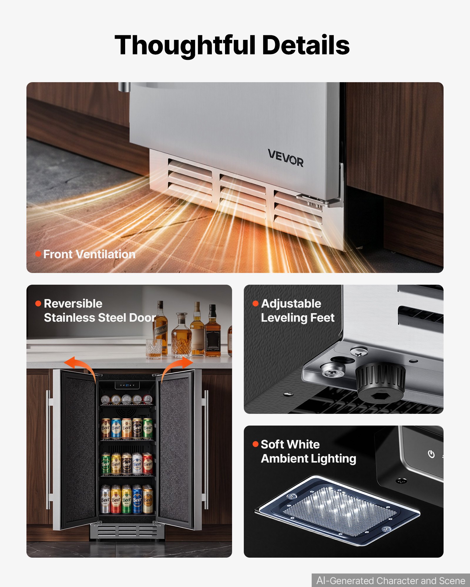 VEVOR Outdoor Beverage Refrigerator, 15 Inch Undercounter Drink Fridge, 304 Stainless Steel Door, 3.0 Cu. Ft, Hold 94 Cans, Powerful Cooling System, Built-in / Freestand Cooler, Home Bar & Patio