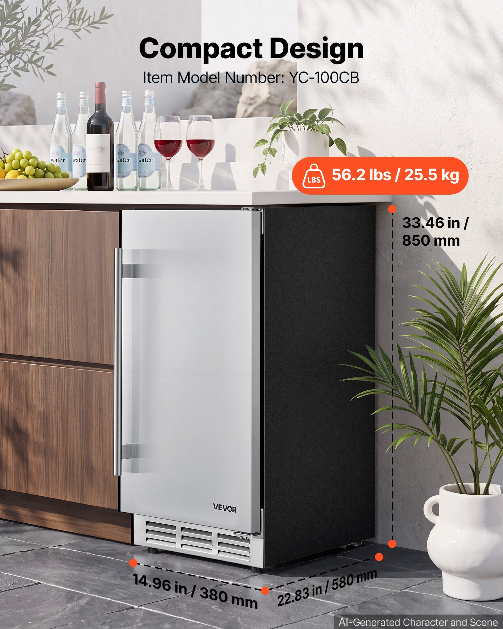 VEVOR Outdoor Beverage Refrigerator, 15 Inch Undercounter Drink Fridge, 304 Stainless Steel Door, 3.0 Cu. Ft, Hold 94 Cans, Powerful Cooling System, Built-in / Freestand Cooler, Home Bar & Patio