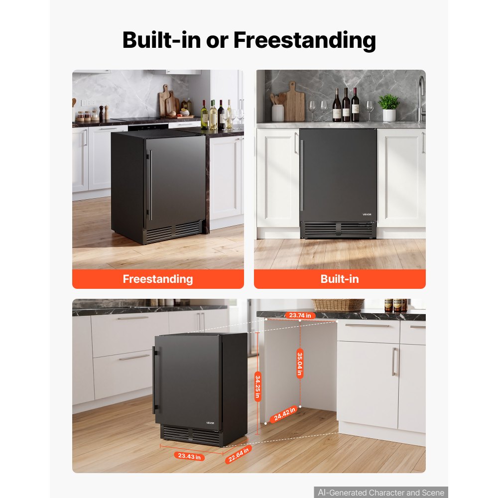 VEVOR Beverage Refrigerator, 24 Inch Under Counter Drink Fridge, Black, Hold 180 Cans, 5.0 Cu. Ft, Built-in / Freestand Cooler, Powerful Quiet Cooling System, 3 Shelves, Home Kitchen & Bar