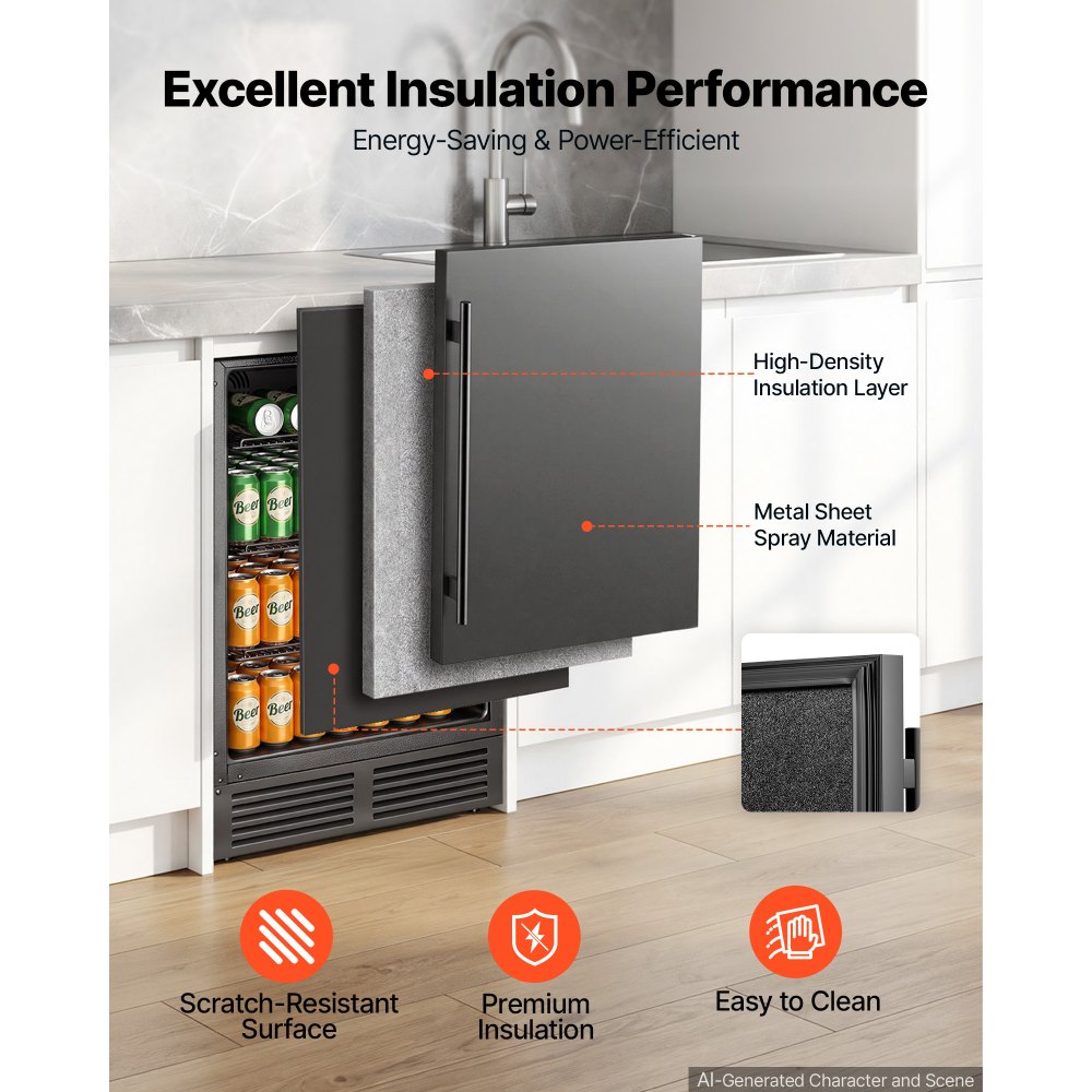 VEVOR Beverage Refrigerator, 24 Inch Under Counter Drink Fridge, Black, Hold 180 Cans, 5.0 Cu. Ft, Built-in / Freestand Cooler, Powerful Quiet Cooling System, 3 Shelves, Home Kitchen & Bar