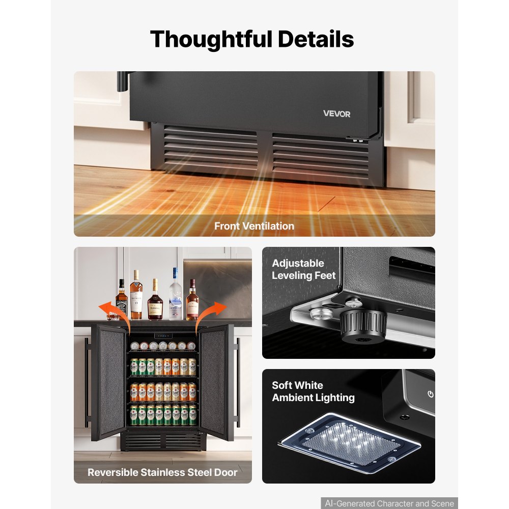VEVOR Beverage Refrigerator, 24 Inch Under Counter Drink Fridge, Black, Hold 180 Cans, 5.0 Cu. Ft, Built-in / Freestand Cooler, Powerful Quiet Cooling System, 3 Shelves, Home Kitchen & Bar