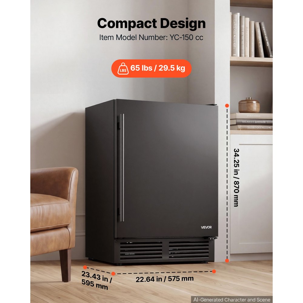 VEVOR Beverage Refrigerator, 24 Inch Under Counter Drink Fridge, Black, Hold 180 Cans, 5.0 Cu. Ft, Built-in / Freestand Cooler, Powerful Quiet Cooling System, 3 Shelves, Home Kitchen & Bar