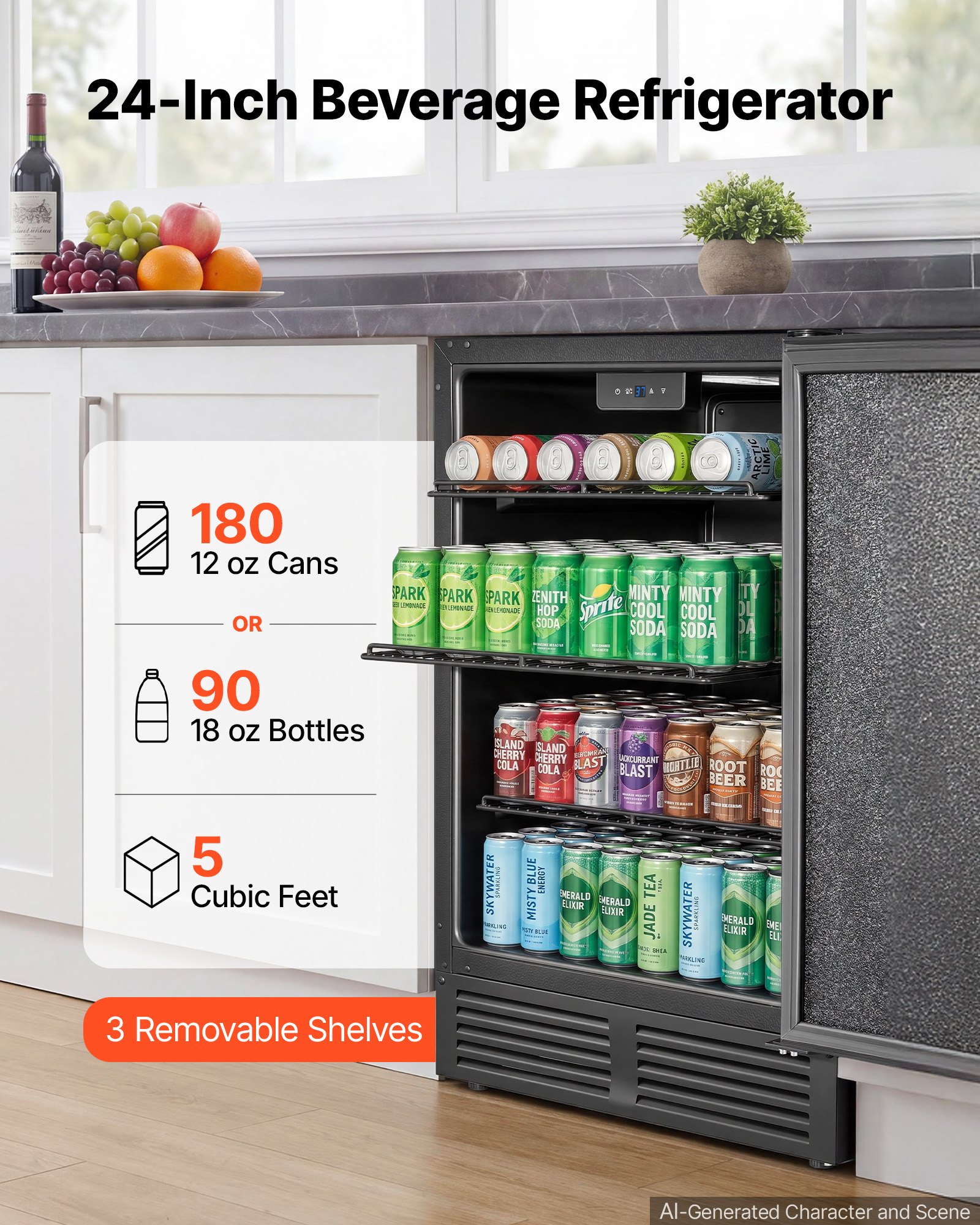VEVOR Beverage Refrigerator, 24 Inch Under Counter Drink Fridge, Black, Hold 180 Cans, 5.0 Cu. Ft, Built-in / Freestand Cooler, Powerful Quiet Cooling System, 3 Shelves, Home Kitchen & Bar