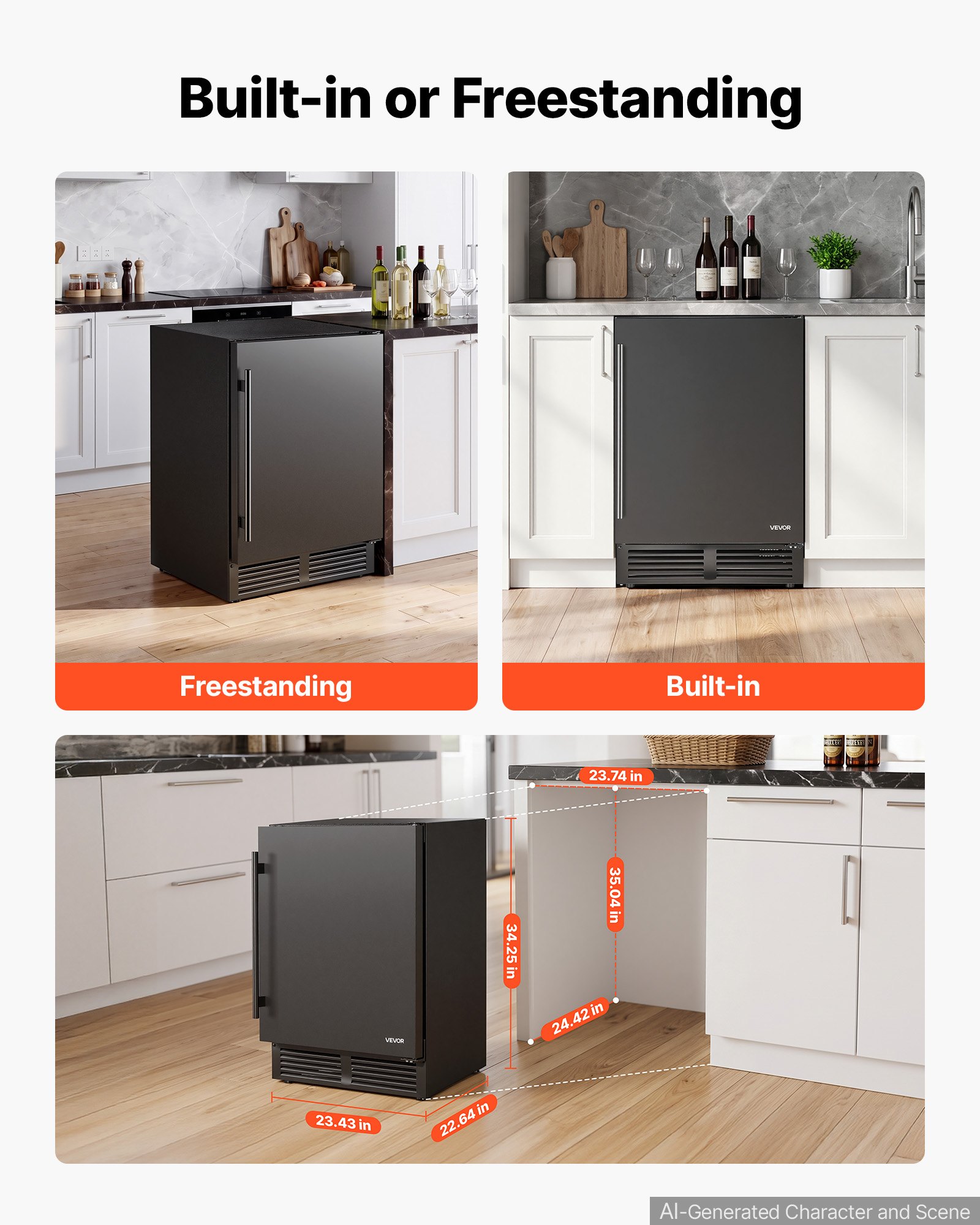 VEVOR Beverage Refrigerator, 24 Inch Under Counter Drink Fridge, Black, Hold 180 Cans, 5.0 Cu. Ft, Built-in / Freestand Cooler, Powerful Quiet Cooling System, 3 Shelves, Home Kitchen & Bar