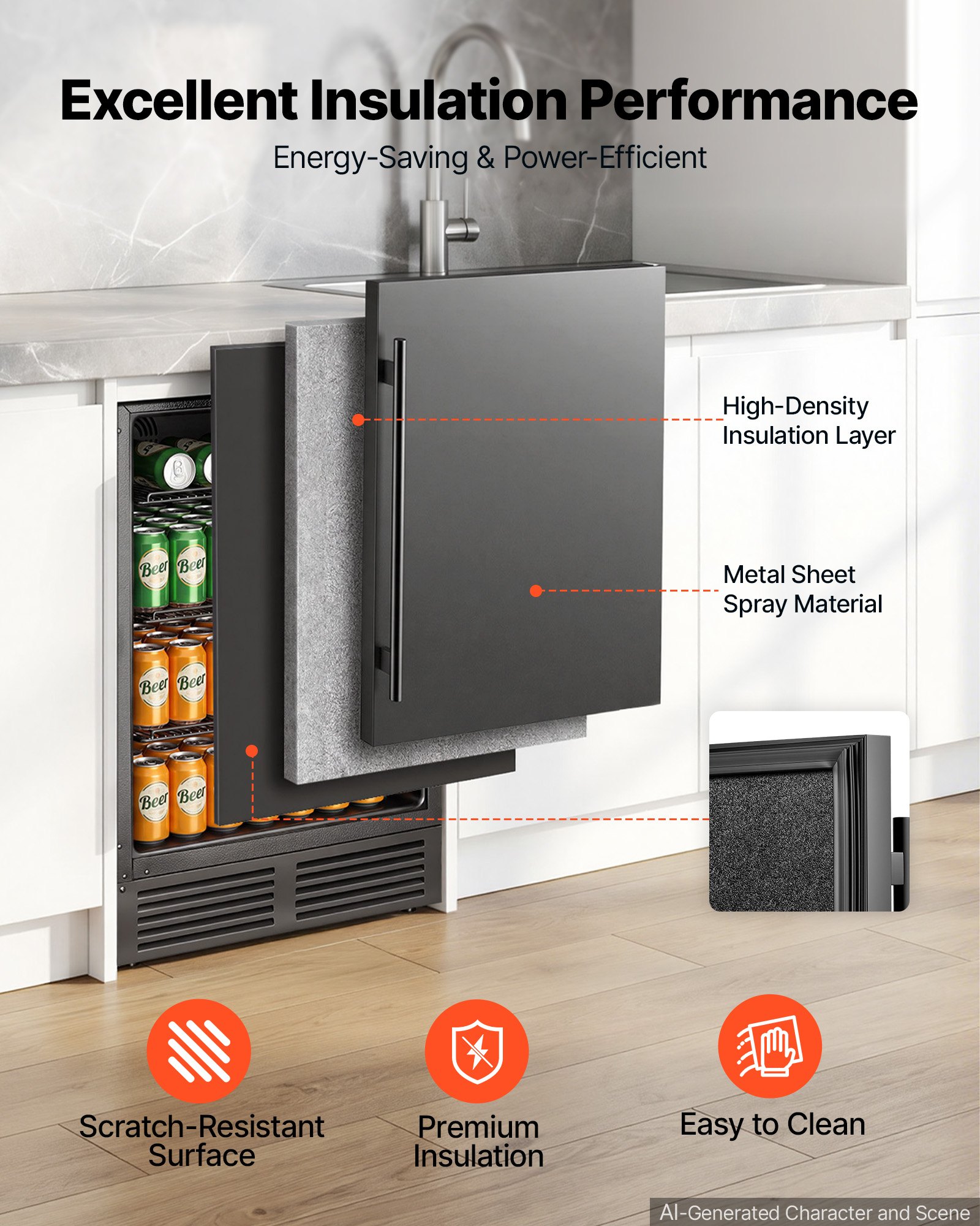 VEVOR Beverage Refrigerator, 24 Inch Under Counter Drink Fridge, Black, Hold 180 Cans, 5.0 Cu. Ft, Built-in / Freestand Cooler, Powerful Quiet Cooling System, 3 Shelves, Home Kitchen & Bar