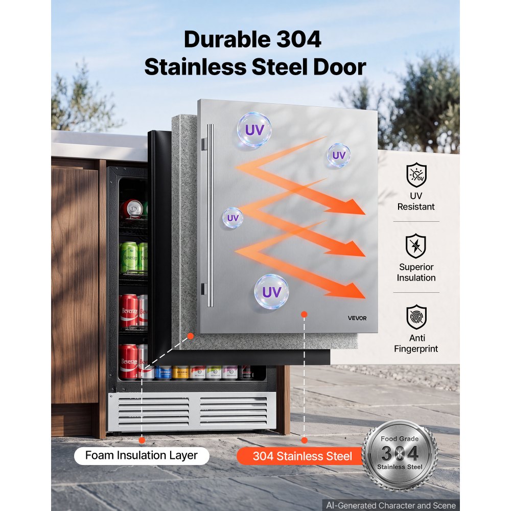VEVOR Outdoor Beverage Refrigerator, 24 Inch Undercounter Drink Fridge, 304 Stainless Steel Door, 5.0 Cu. Ft, Hold 180 Cans, Powerful Cooling System, Built-in / Freestand Cooler, Home Bar & Patio