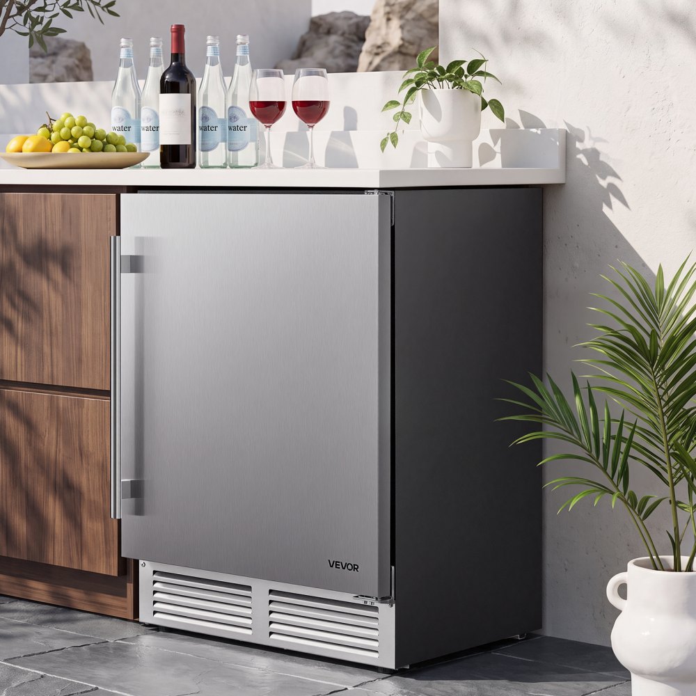 VEVOR Outdoor Beverage Refrigerator, 24 Inch Undercounter Drink Fridge, 304 Stainless Steel Door, 5.0 Cu. Ft, Hold 180 Cans, Powerful Cooling System, Built-in / Freestand Cooler, Home Bar & Patio