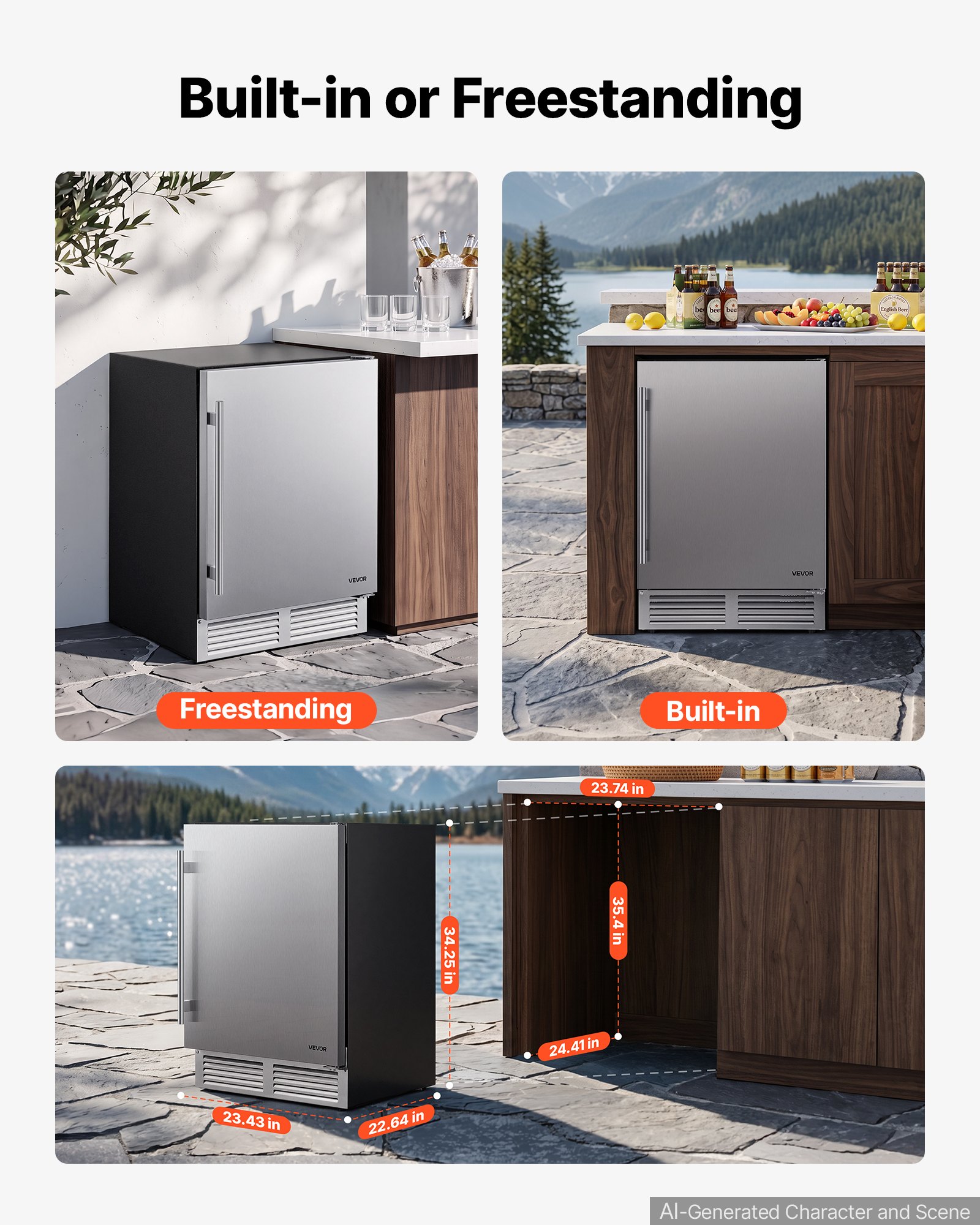 VEVOR Outdoor Beverage Refrigerator, 24 Inch Undercounter Drink Fridge, 304 Stainless Steel Door, 5.0 Cu. Ft, Hold 180 Cans, Powerful Cooling System, Built-in / Freestand Cooler, Home Bar & Patio