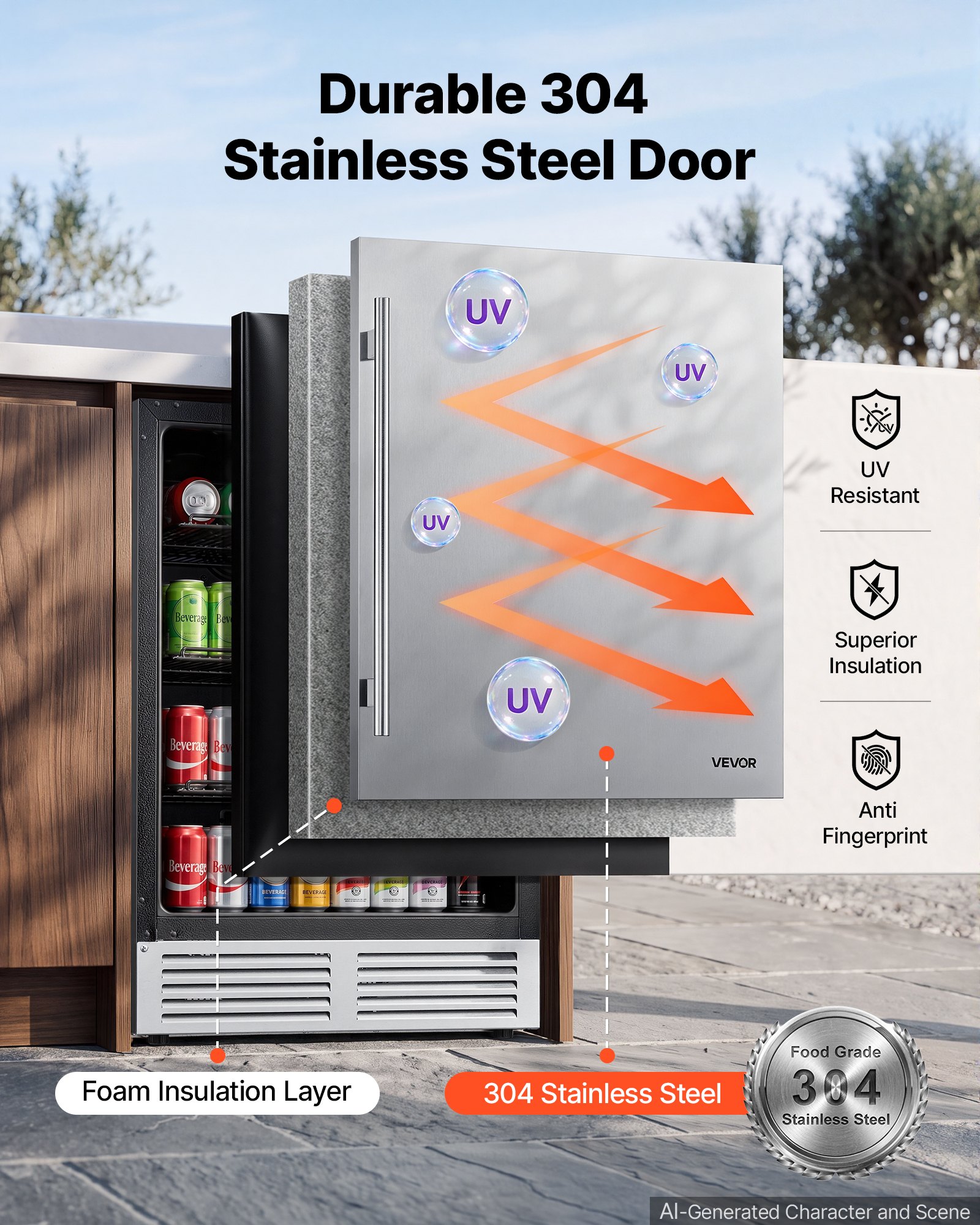 VEVOR Outdoor Beverage Refrigerator, 24 Inch Undercounter Drink Fridge, 304 Stainless Steel Door, 5.0 Cu. Ft, Hold 180 Cans, Powerful Cooling System, Built-in / Freestand Cooler, Home Bar & Patio