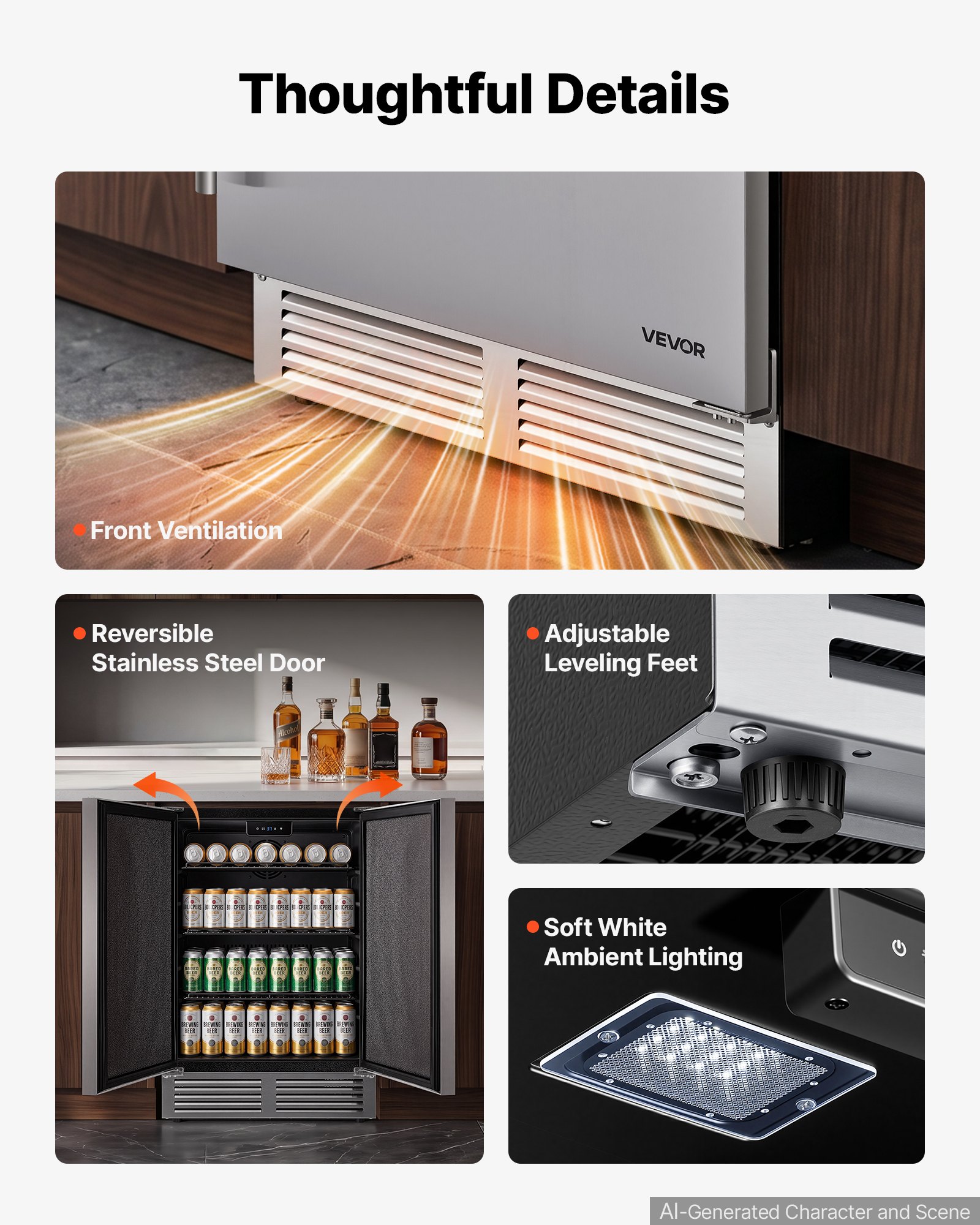 VEVOR Outdoor Beverage Refrigerator, 24 Inch Undercounter Drink Fridge, 304 Stainless Steel Door, 5.0 Cu. Ft, Hold 180 Cans, Powerful Cooling System, Built-in / Freestand Cooler, Home Bar & Patio