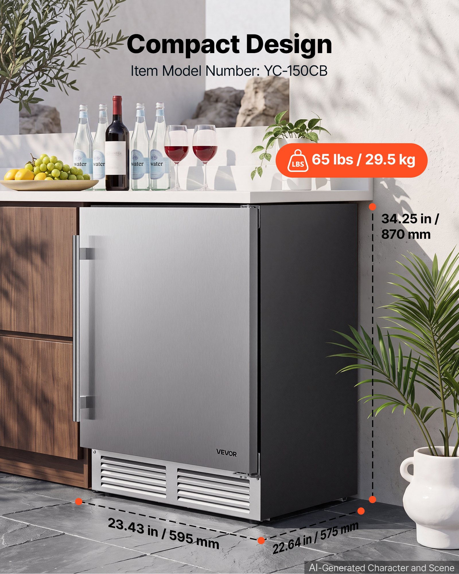VEVOR Outdoor Beverage Refrigerator, 24 Inch Undercounter Drink Fridge, 304 Stainless Steel Door, 5.0 Cu. Ft, Hold 180 Cans, Powerful Cooling System, Built-in / Freestand Cooler, Home Bar & Patio