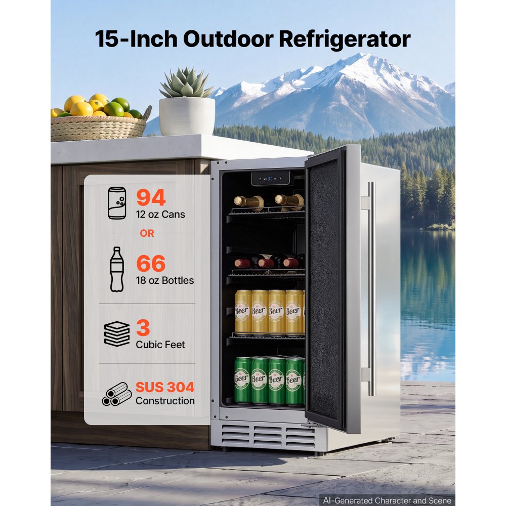 VEVOR Outdoor Beverage Refrigerator, 15 Inch Undercounter Drink Fridge, 304 Stainless Steel Body, 3.0 Cu. Ft, Hold 94 Cans, Powerful Cooling System, Built-in / Freestand Cooler, Home Bar & Patio