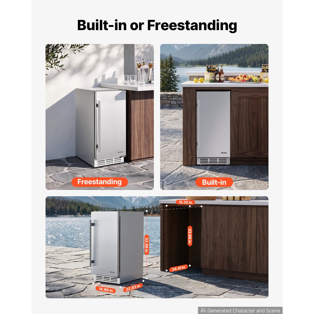 VEVOR Outdoor Beverage Refrigerator, 15 Inch Undercounter Drink Fridge, 304 Stainless Steel Body, 3.0 Cu. Ft, Hold 94 Cans, Powerful Cooling System, Built-in / Freestand Cooler, Home Bar & Patio