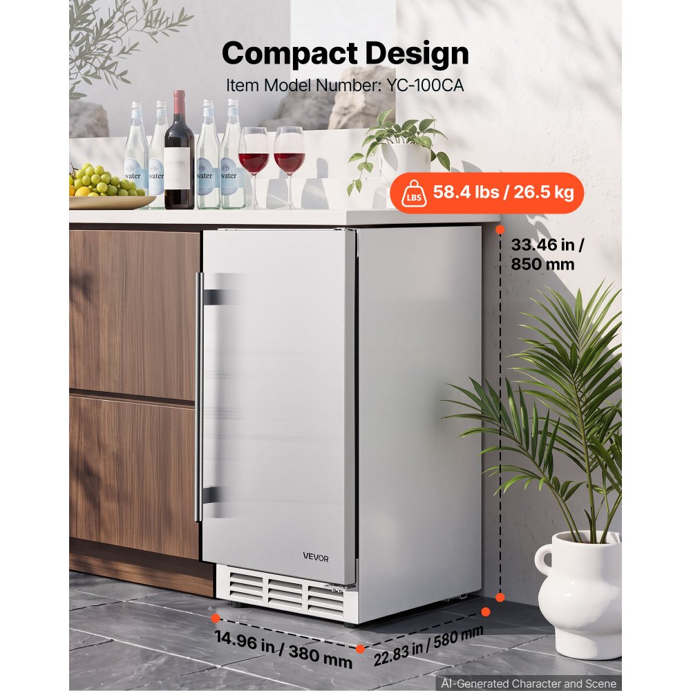 VEVOR Outdoor Beverage Refrigerator, 15 Inch Undercounter Drink Fridge, 304 Stainless Steel Body, 3.0 Cu. Ft, Hold 94 Cans, Powerful Cooling System, Built-in / Freestand Cooler, Home Bar & Patio