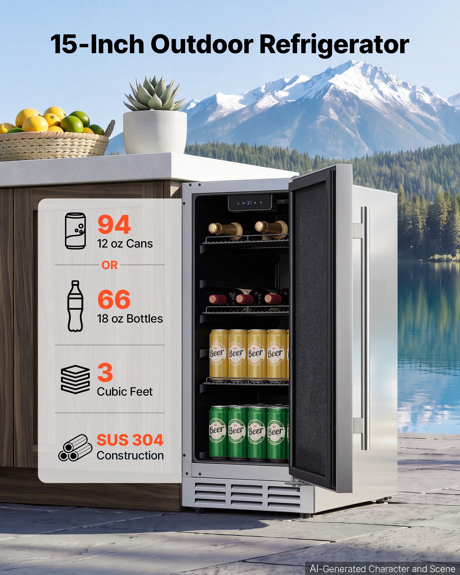 VEVOR Outdoor Beverage Refrigerator, 15 Inch Undercounter Drink Fridge, 304 Stainless Steel Body, 3.0 Cu. Ft, Hold 94 Cans, Powerful Cooling System, Built-in / Freestand Cooler, Home Bar & Patio