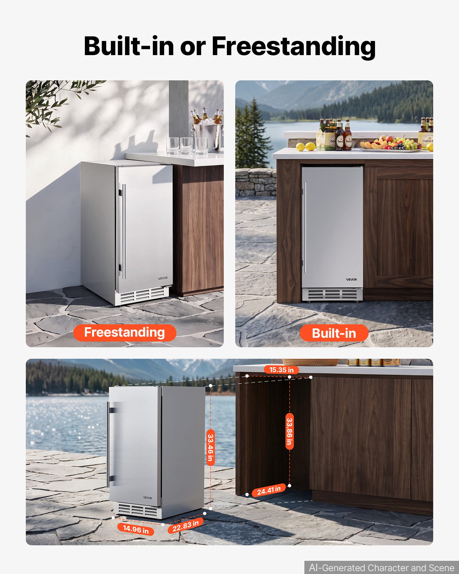 VEVOR Outdoor Beverage Refrigerator, 15 Inch Undercounter Drink Fridge, 304 Stainless Steel Body, 3.0 Cu. Ft, Hold 94 Cans, Powerful Cooling System, Built-in / Freestand Cooler, Home Bar & Patio