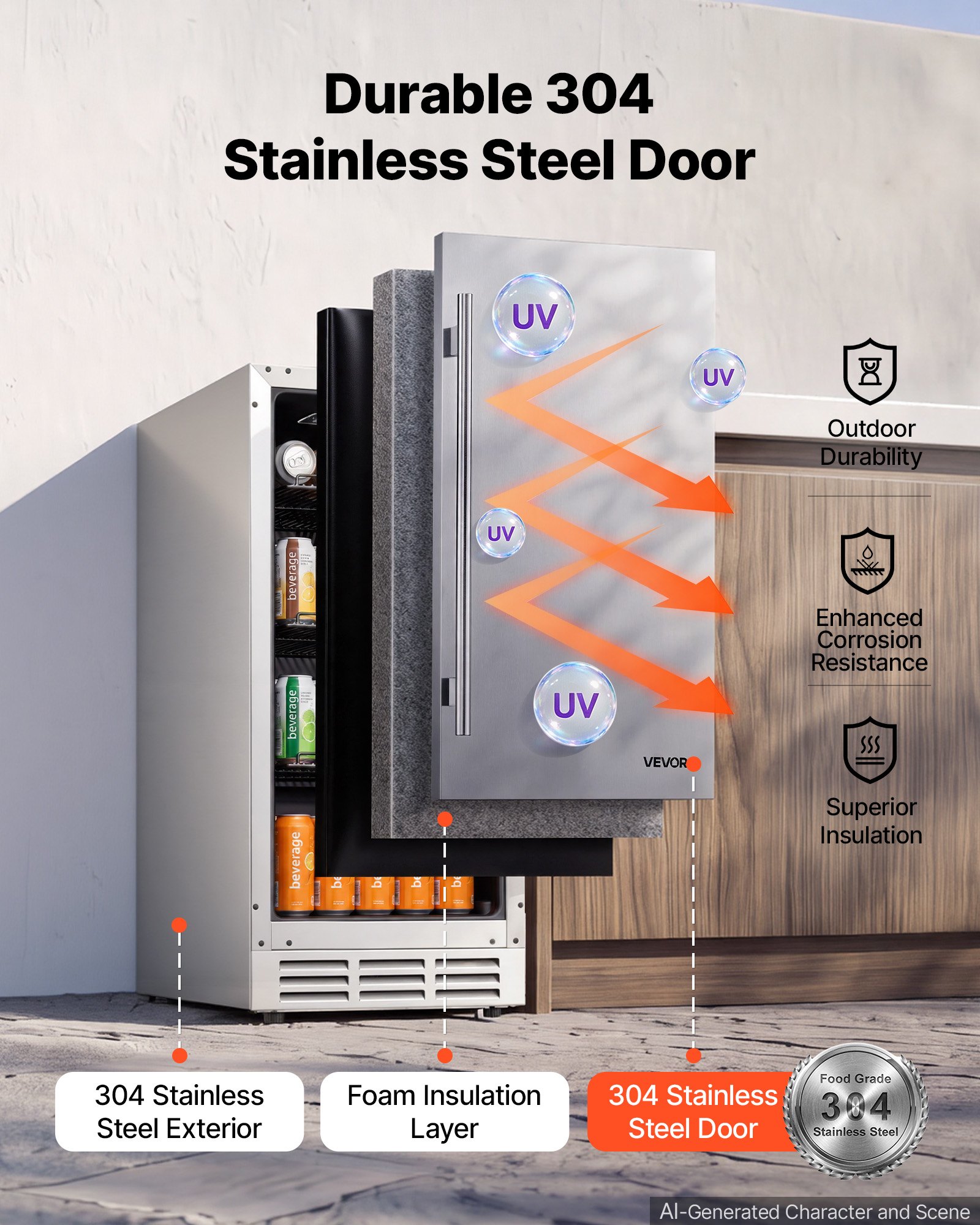 VEVOR Outdoor Beverage Refrigerator, 15 Inch Undercounter Drink Fridge, 304 Stainless Steel Body, 3.0 Cu. Ft, Hold 94 Cans, Powerful Cooling System, Built-in / Freestand Cooler, Home Bar & Patio