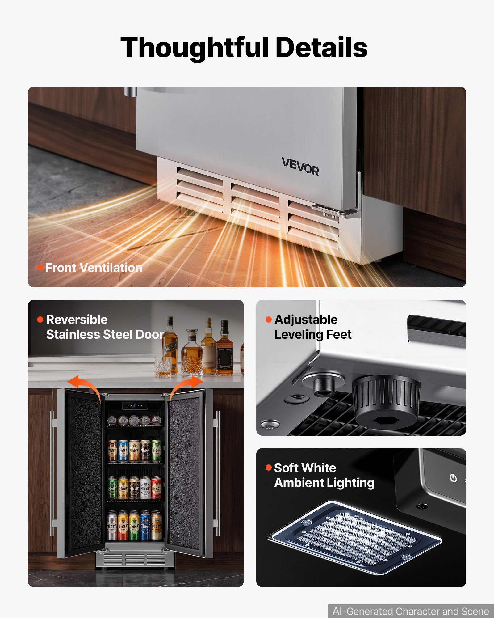 VEVOR Outdoor Beverage Refrigerator, 15 Inch Undercounter Drink Fridge, 304 Stainless Steel Body, 3.0 Cu. Ft, Hold 94 Cans, Powerful Cooling System, Built-in / Freestand Cooler, Home Bar & Patio