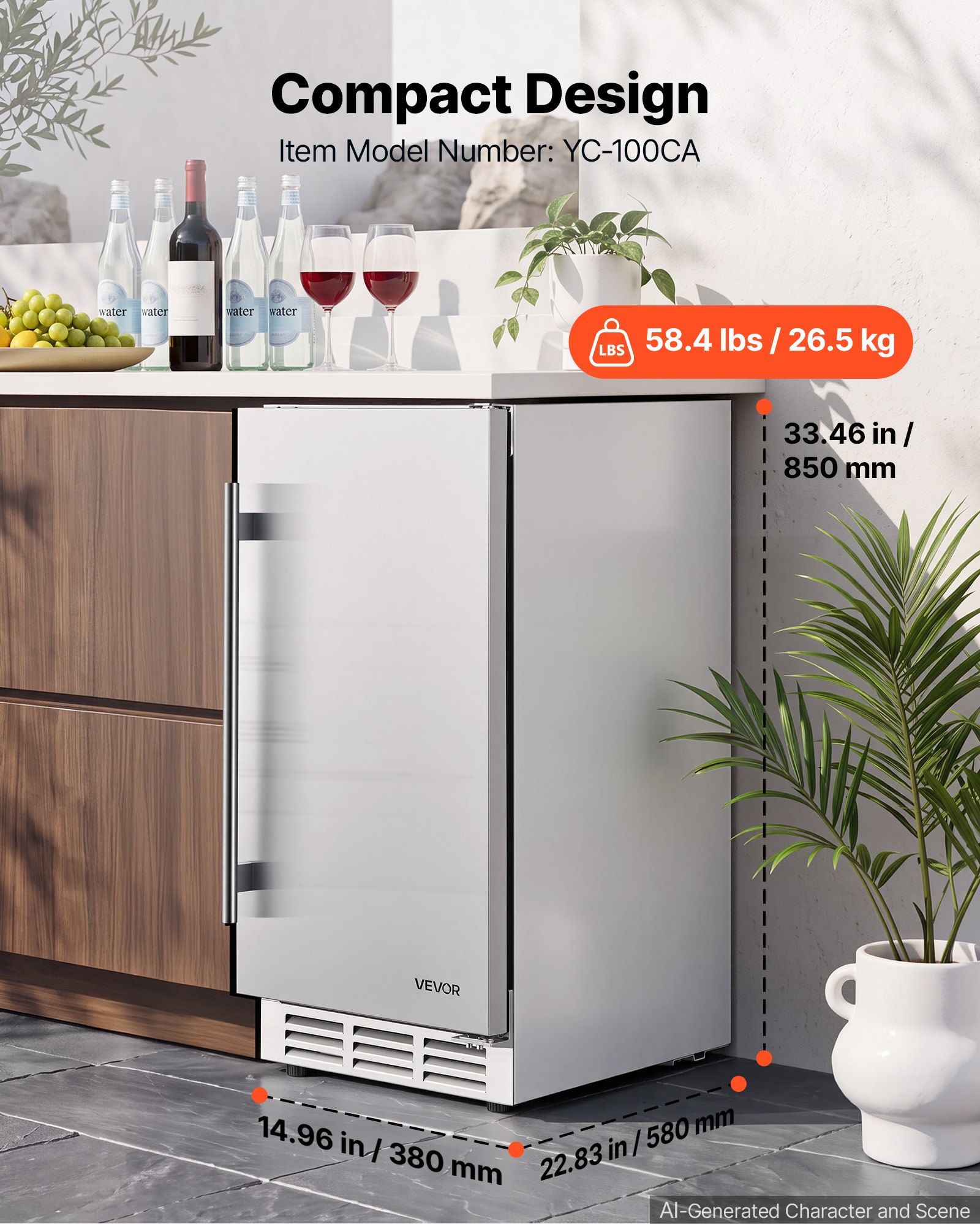 VEVOR Outdoor Beverage Refrigerator, 15 Inch Undercounter Drink Fridge, 304 Stainless Steel Body, 3.0 Cu. Ft, Hold 94 Cans, Powerful Cooling System, Built-in / Freestand Cooler, Home Bar & Patio