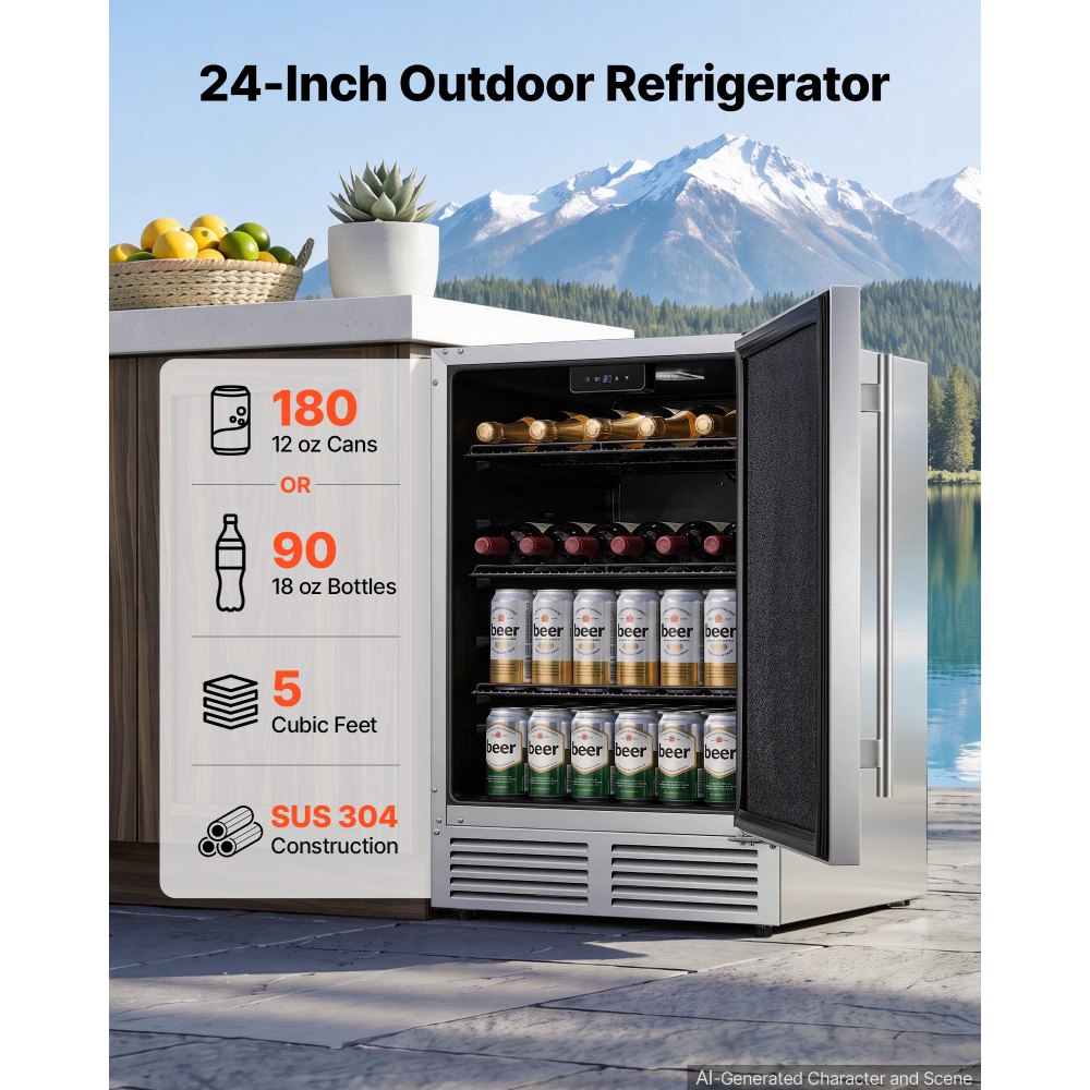 VEVOR Outdoor Beverage Refrigerator, 24 Inch Undercounter Drink Fridge, 304 Stainless Steel Body, 5.0 Cu. Ft, Hold 180 Cans, Powerful Cooling System, Built-in / Freestand Cooler, Home Bar & Patio