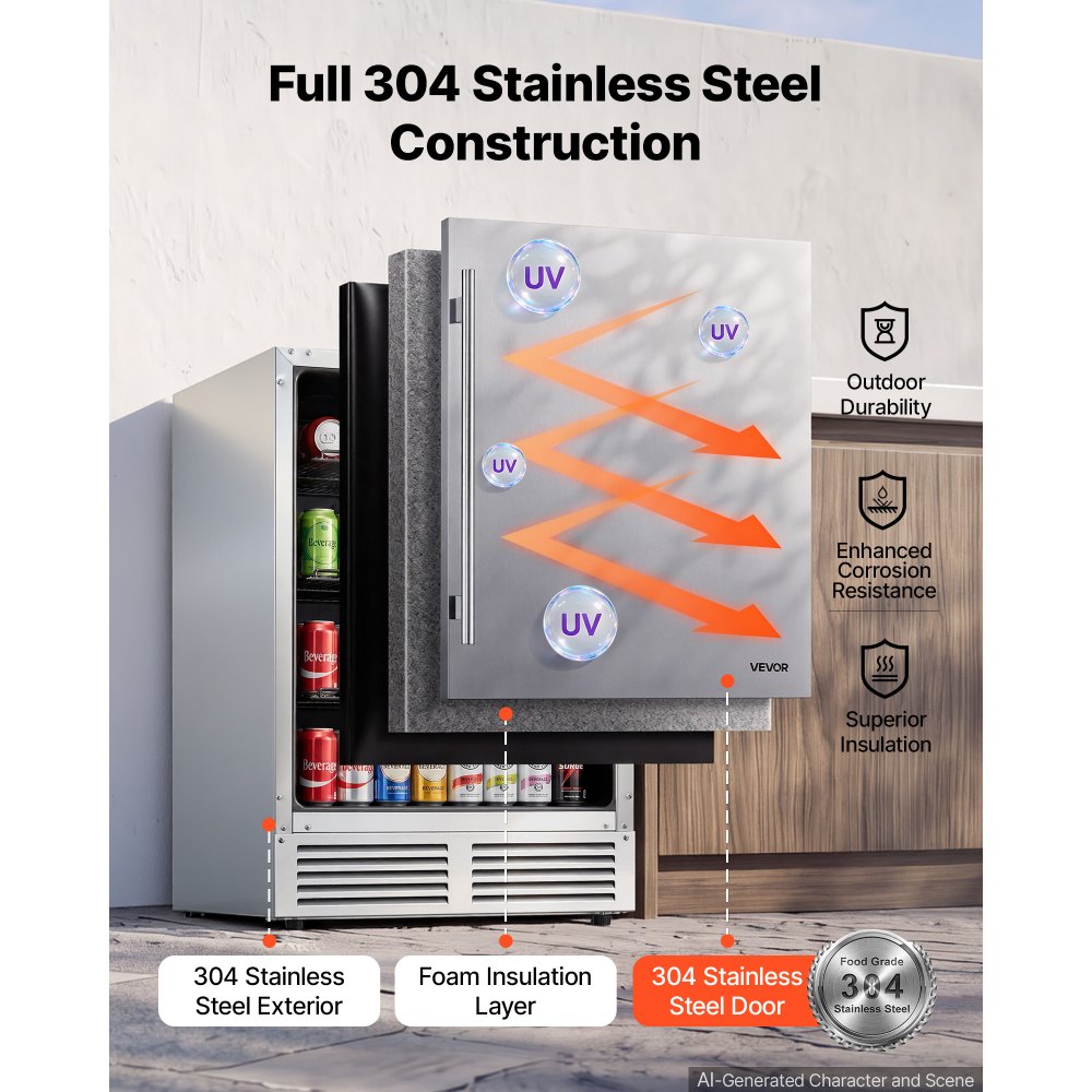 VEVOR Outdoor Beverage Refrigerator, 24 Inch Undercounter Drink Fridge, 304 Stainless Steel Body, 5.0 Cu. Ft, Hold 180 Cans, Powerful Cooling System, Built-in / Freestand Cooler, Home Bar & Patio