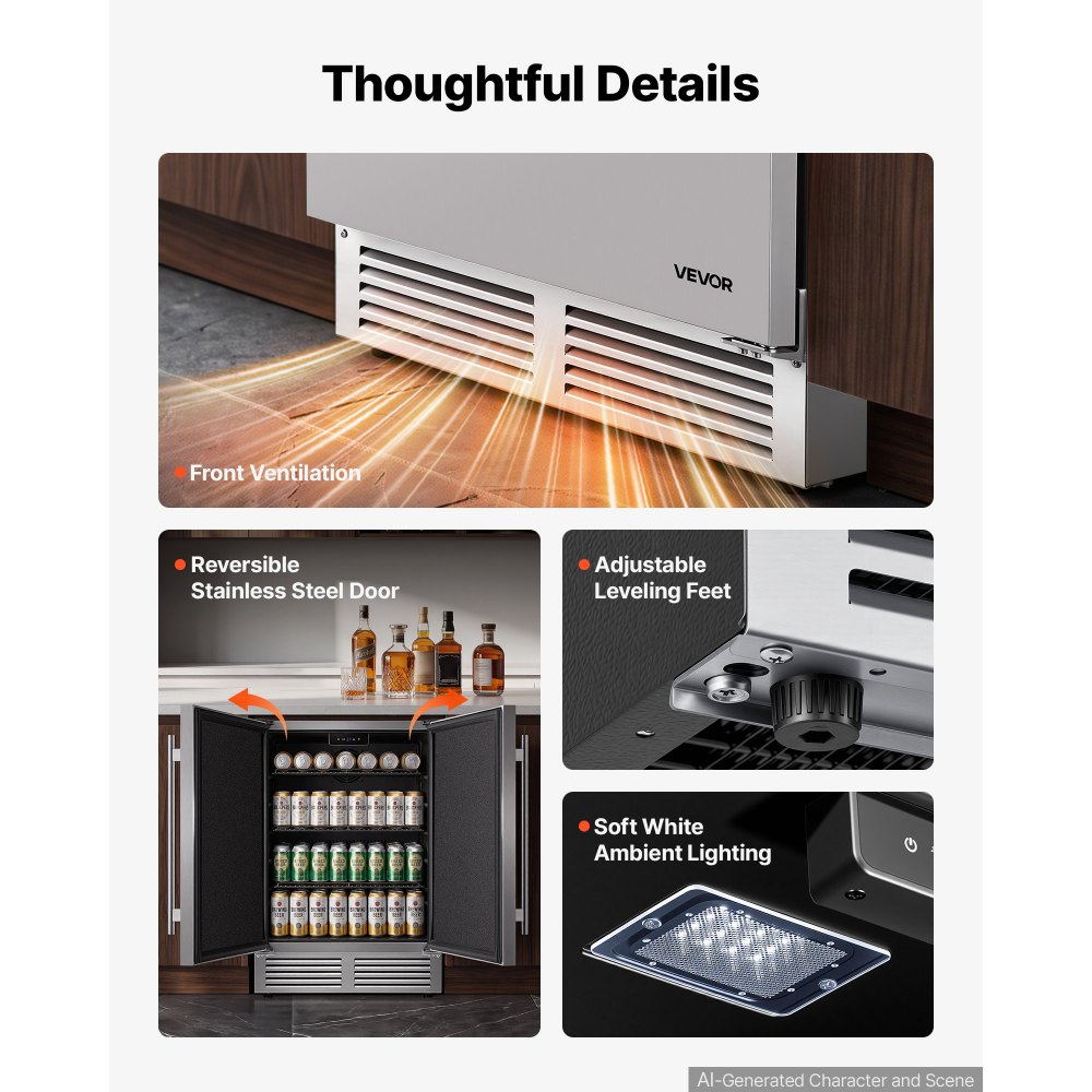 VEVOR Outdoor Beverage Refrigerator, 24 Inch Undercounter Drink Fridge, 304 Stainless Steel Body, 5.0 Cu. Ft, Hold 180 Cans, Powerful Cooling System, Built-in / Freestand Cooler, Home Bar & Patio
