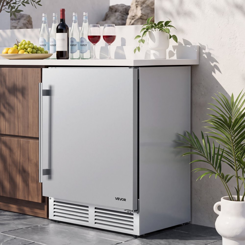 VEVOR Outdoor Beverage Refrigerator, 24 Inch Undercounter Drink Fridge, 304 Stainless Steel Body, 5.0 Cu. Ft, Hold 180 Cans, Powerful Cooling System, Built-in / Freestand Cooler, Home Bar & Patio