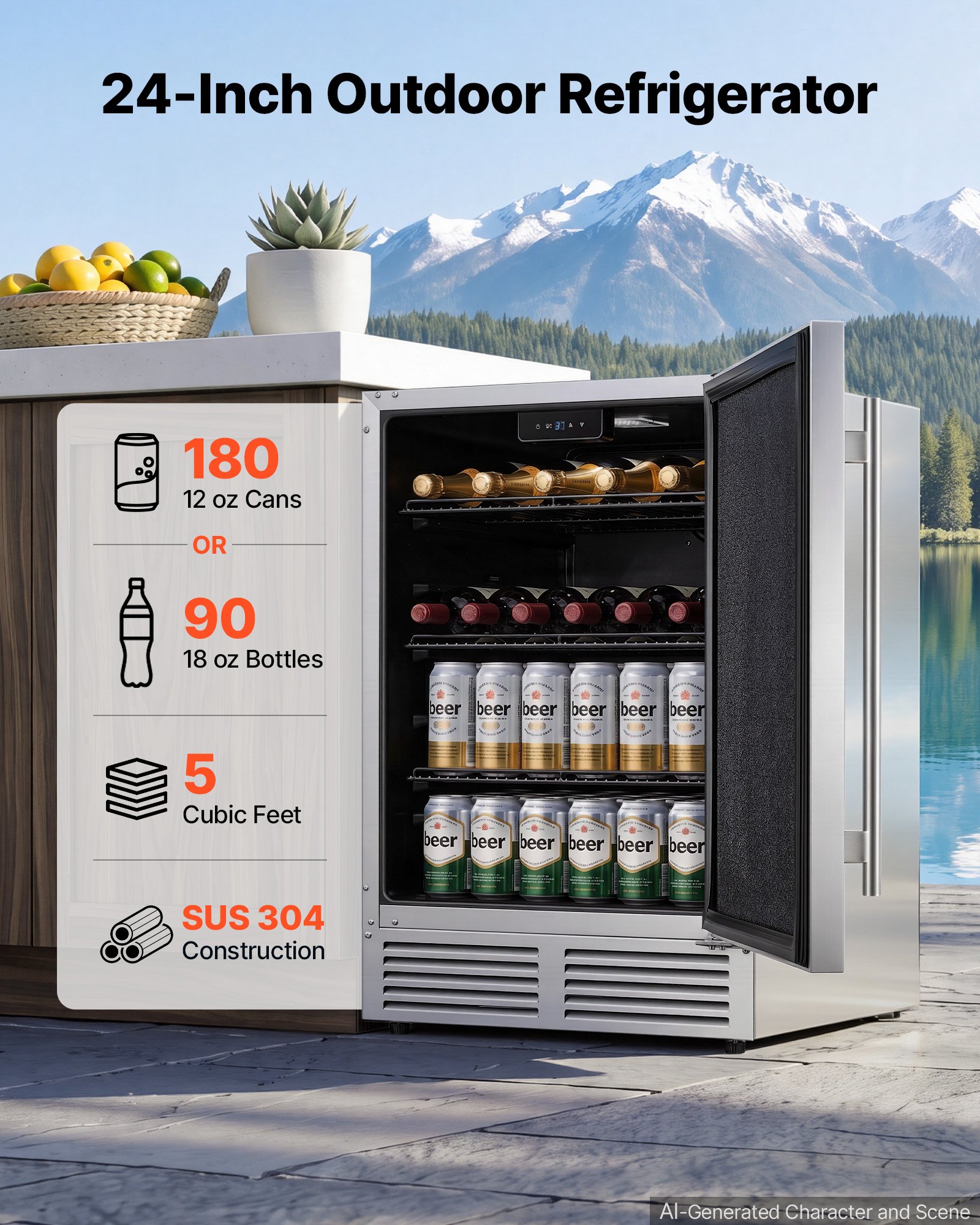 VEVOR Outdoor Beverage Refrigerator, 24 Inch Undercounter Drink Fridge, 304 Stainless Steel Body, 5.0 Cu. Ft, Hold 180 Cans, Powerful Cooling System, Built-in / Freestand Cooler, Home Bar & Patio