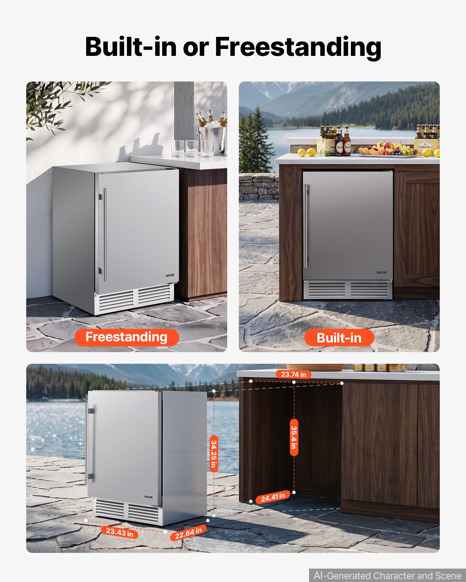 VEVOR Outdoor Beverage Refrigerator, 24 Inch Undercounter Drink Fridge, 304 Stainless Steel Body, 5.0 Cu. Ft, Hold 180 Cans, Powerful Cooling System, Built-in / Freestand Cooler, Home Bar & Patio