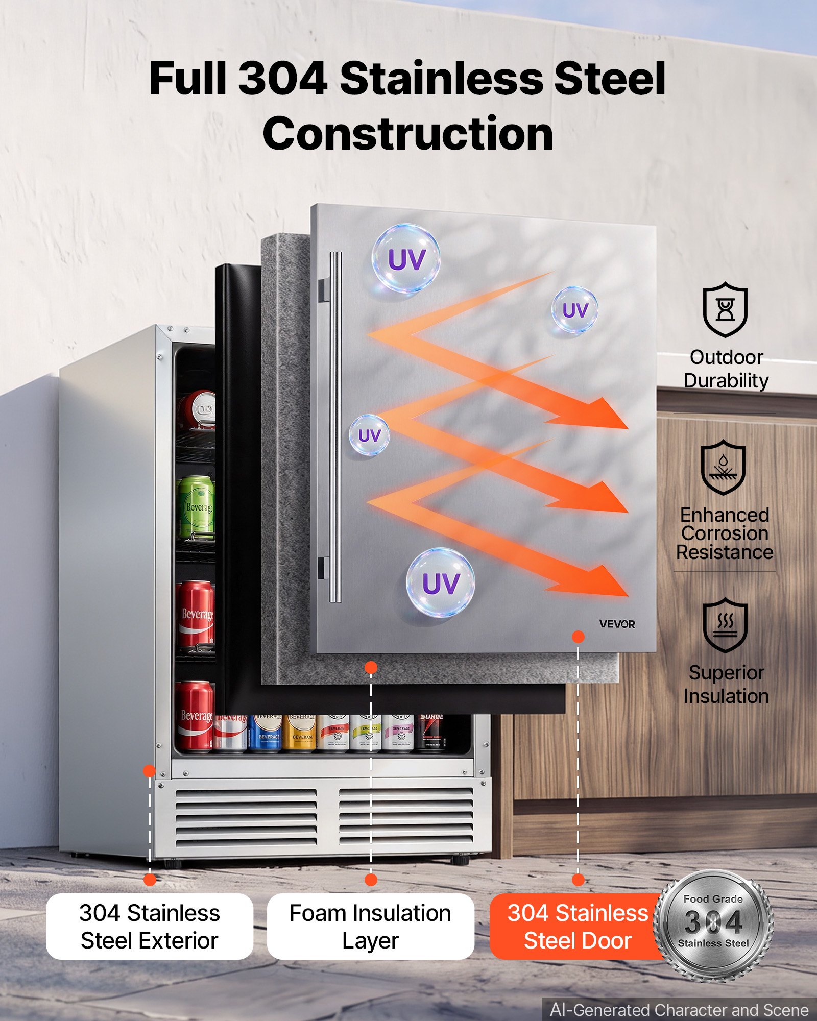 VEVOR Outdoor Beverage Refrigerator, 24 Inch Undercounter Drink Fridge, 304 Stainless Steel Body, 5.0 Cu. Ft, Hold 180 Cans, Powerful Cooling System, Built-in / Freestand Cooler, Home Bar & Patio